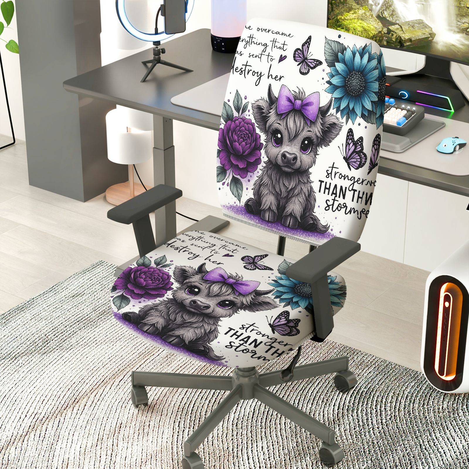 2-Piece Cute Cow Butterfly Floral  Computer Chair Cover Set, Seat and Backrest