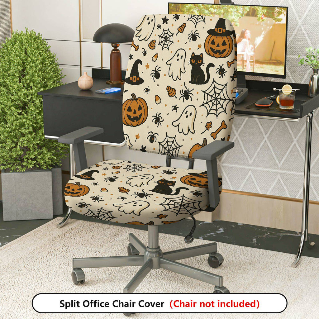 2-Piece Halloween Ghost Pumpkin Cat Spider Web  Computer Chair Cover Set, Seat and Backrest