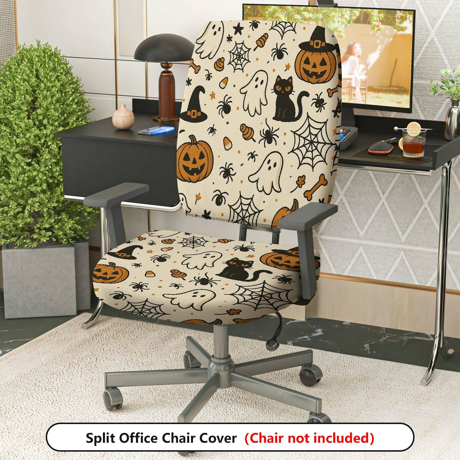 2-Piece Halloween Ghost Pumpkin Cat Spider Web  Computer Chair Cover Set, Seat and Backrest