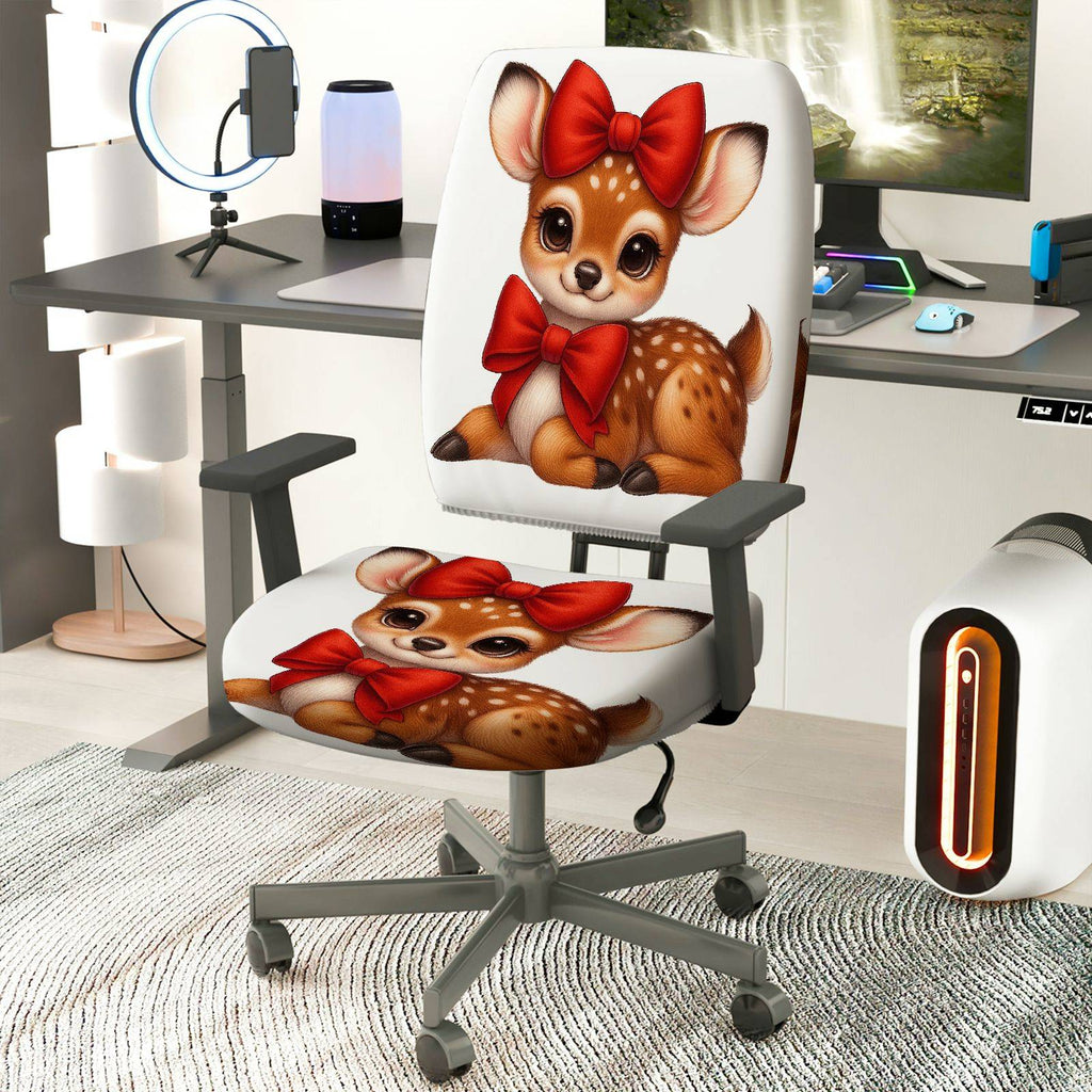 2-Piece Deer Red Bow Christmas  Computer Chair Cover Set, Seat and Backrest