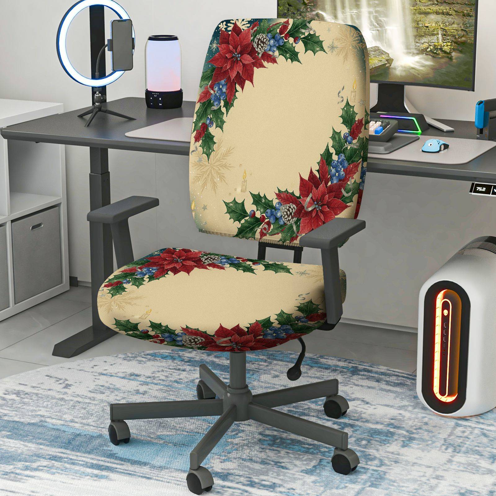 2-Piece Christmas Holiday Floral Red Poinsettia Pattern  Computer Chair Cover Set, Seat and Backrest