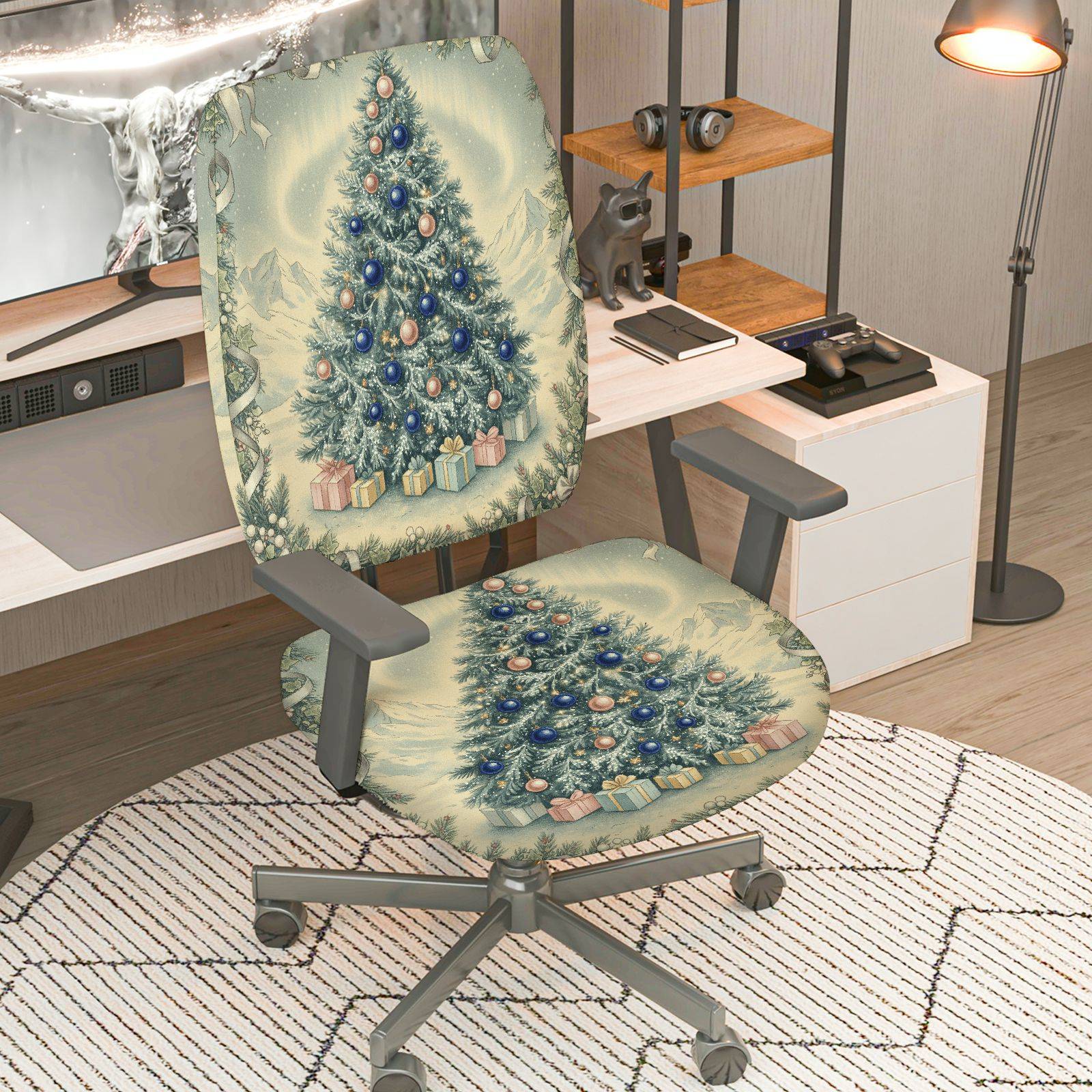 2-Piece Christmas Tree Holiday Gift Decoration Snow  Computer Chair Cover Set, Seat and Backrest