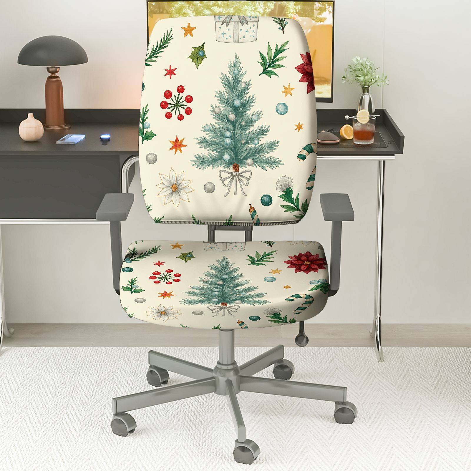 2-Piece Christmas Holiday Festive Winter Pine Snowflake  Computer Chair Cover Set, Seat and Backrest