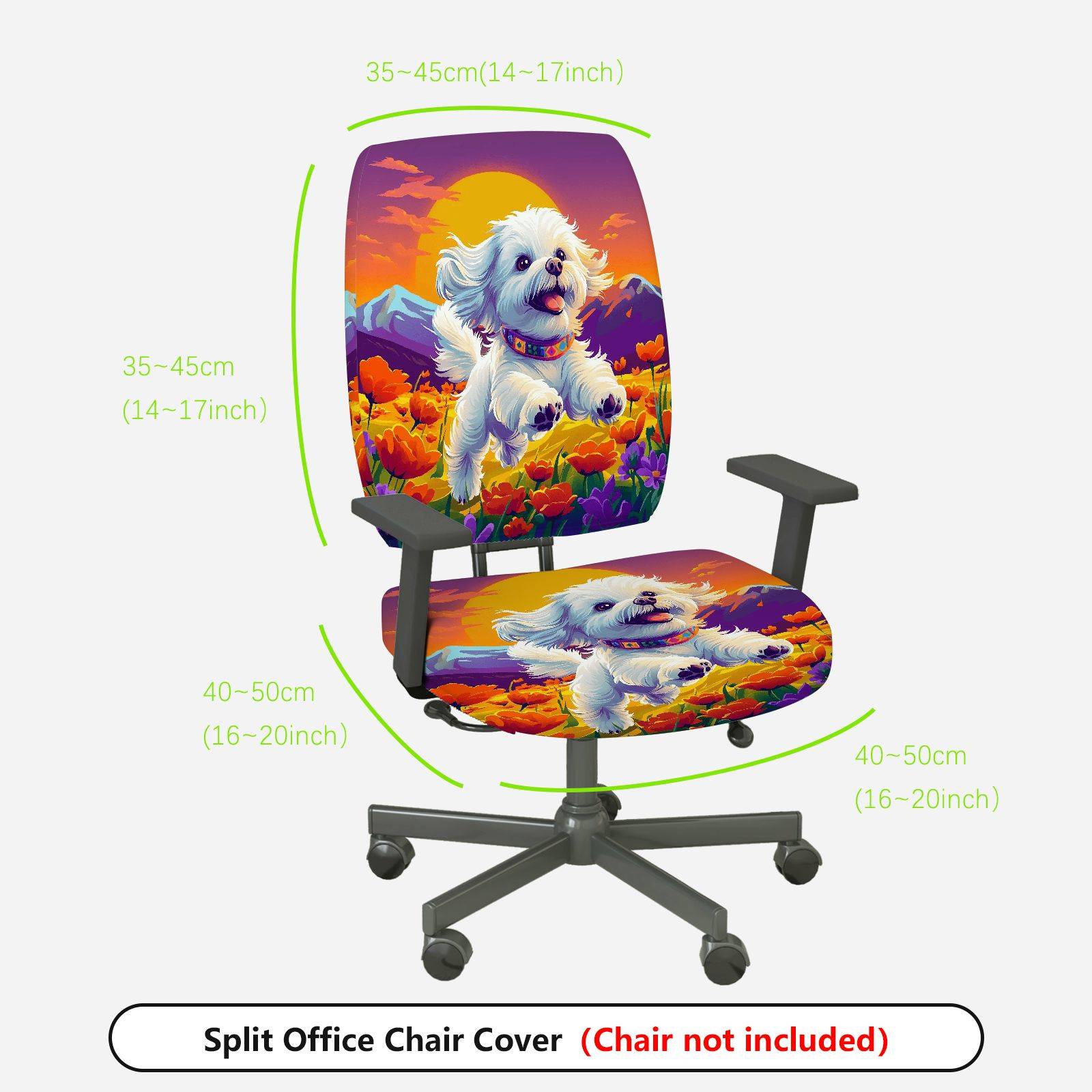 2-Piece Cute Dog Mountain Sunset Flowers Colorful  Computer Chair Cover Set, Seat and Backrest
