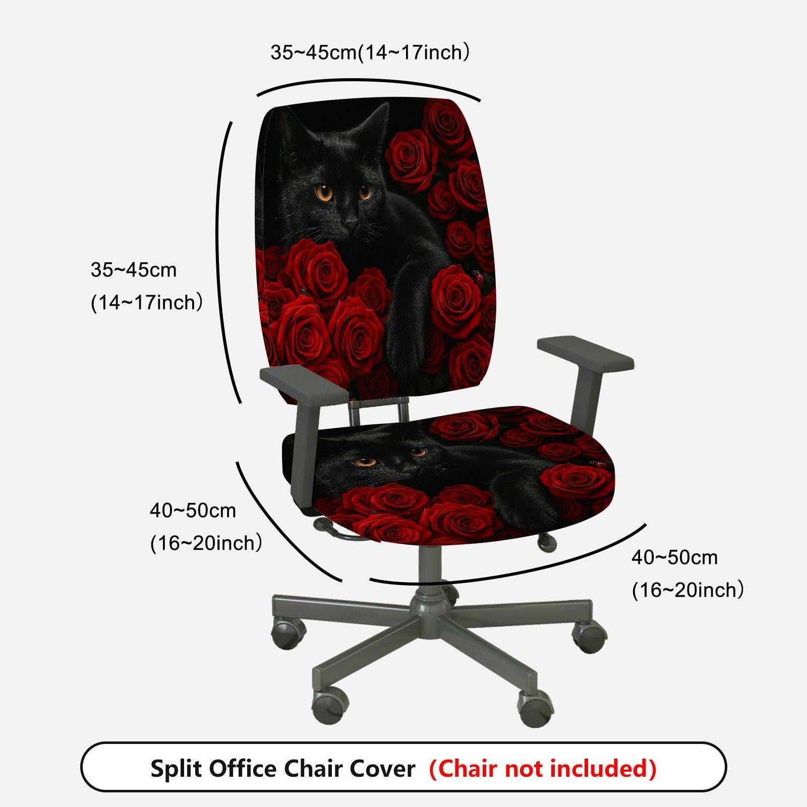 2-Piece Black Cat Rose Floral Gothic Halloween Valentine  Computer Chair Cover Set, Seat and Backrest