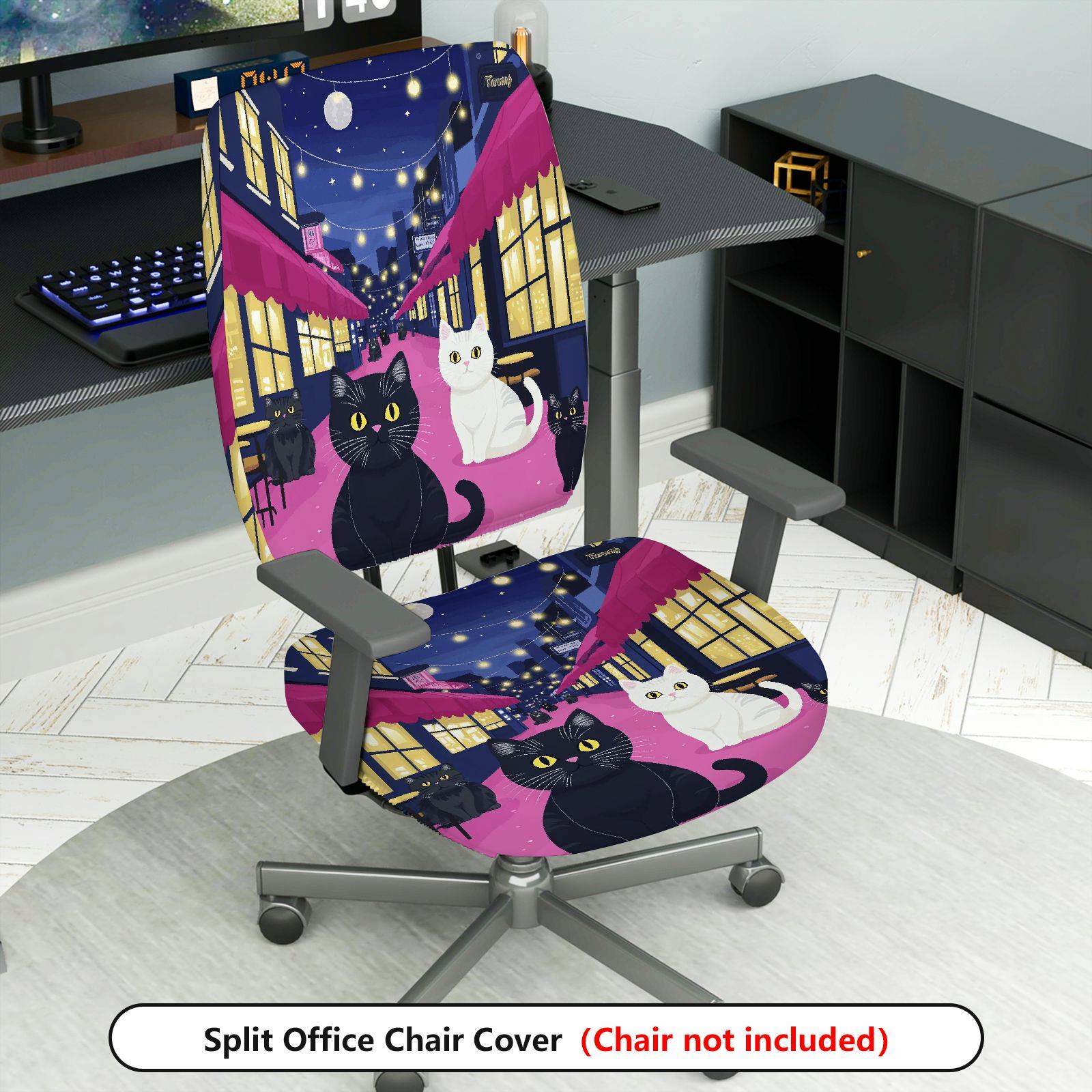 2-Piece Cat Night Street Black White Moonlight  Computer Chair Cover Set, Seat and Backrest
