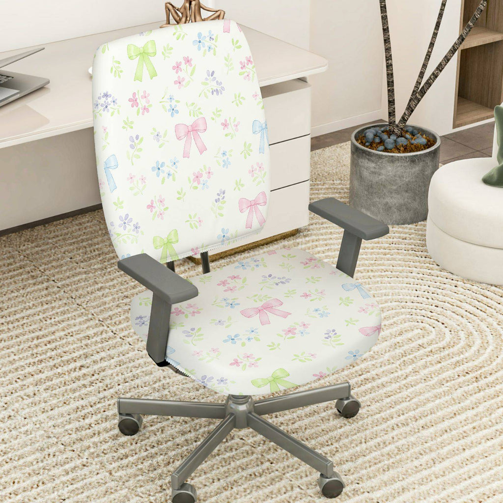 2-Piece Floral Bow Pastel Cute Spring Comfortable  Computer Chair Cover Set, Seat and Backrest