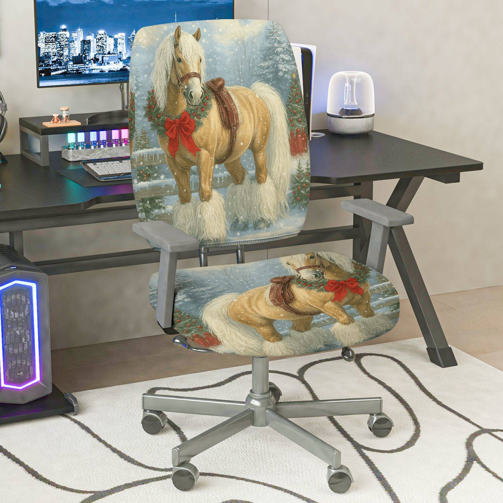 2-Piece Horse Christmas Winter Snow Holiday  Computer Chair Cover Set, Seat and Backrest