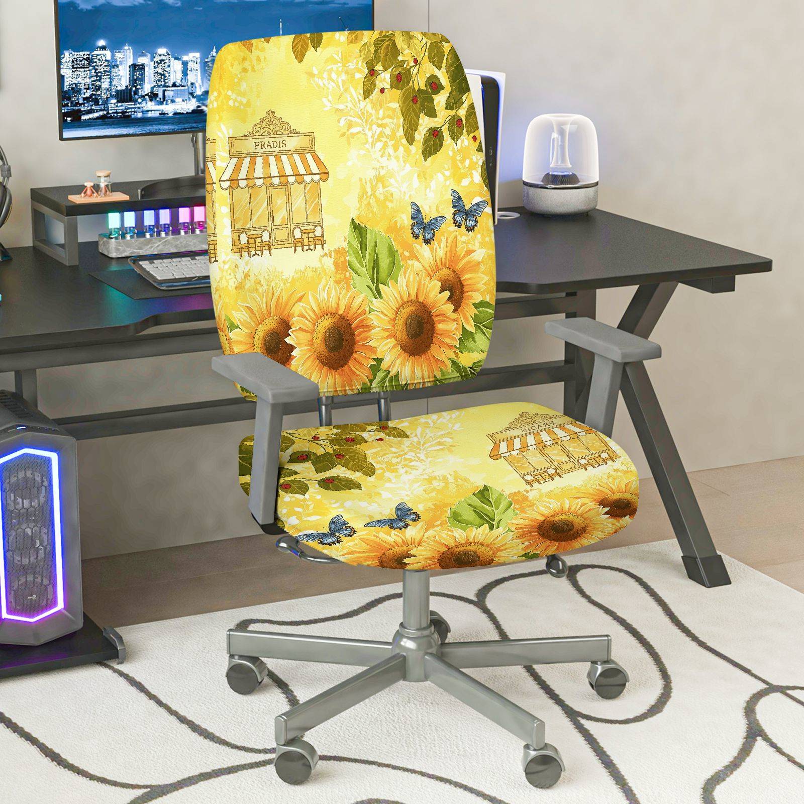 2-Piece Sunflower Butterfly Paris Cafe Floral  Computer Chair Cover Set, Seat and Backrest