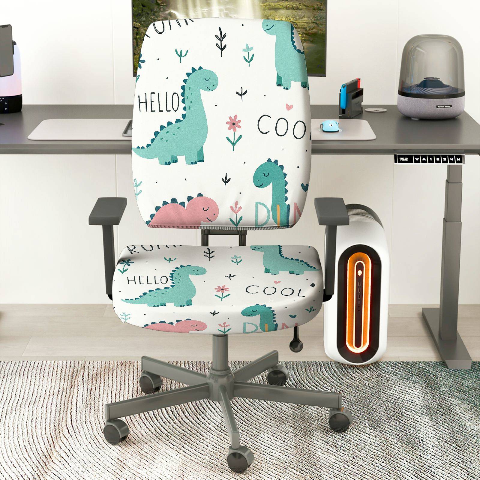 2-Piece Cute Dinosaur Pattern Colorful Fun Playful  Computer Chair Cover Set, Seat and Backrest