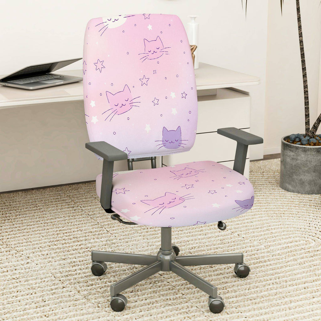 2-Piece Pink Cute Cat Star Pattern  Computer Chair Cover Set, Seat and Backrest
