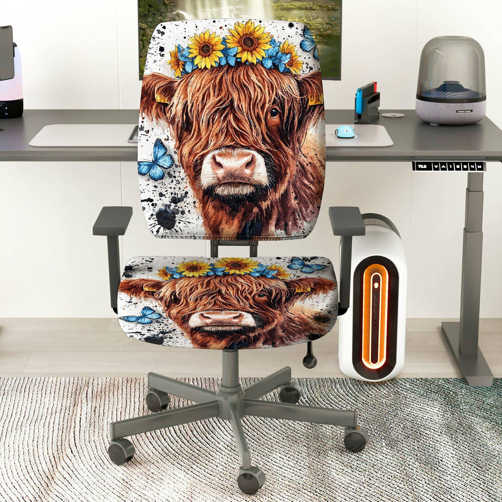 2-Piece Sunflower Butterfly Cow Animal Art  Computer Chair Cover Set, Seat and Backrest