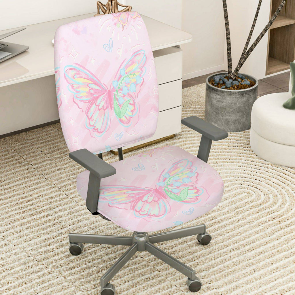 2-Piece Pink Butterfly Pastel Artistic Cheerful Cute  Computer Chair Cover Set, Seat and Backrest
