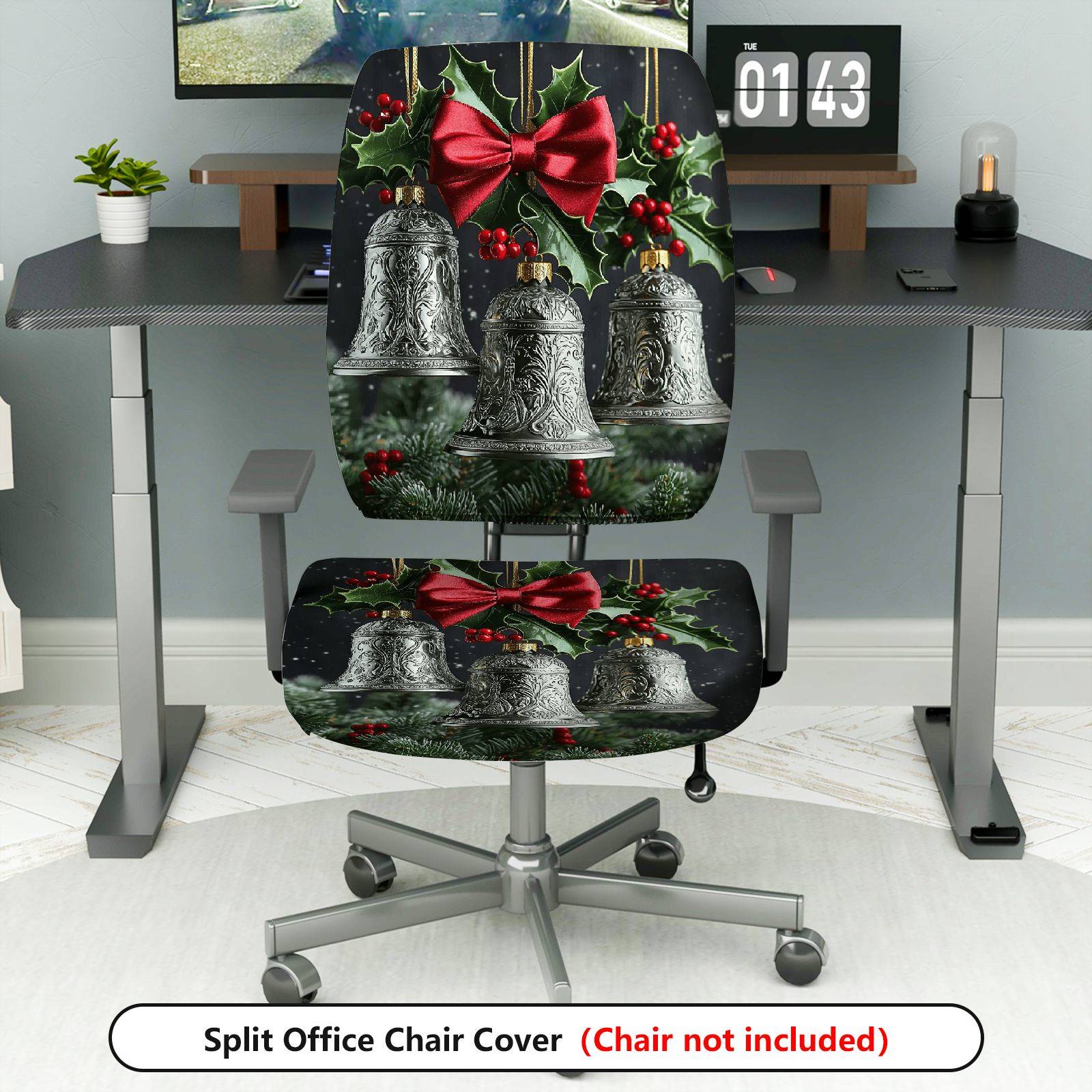 2-Piece Christmas Bell Holly Bow Festive Holiday  Computer Chair Cover Set, Seat and Backrest