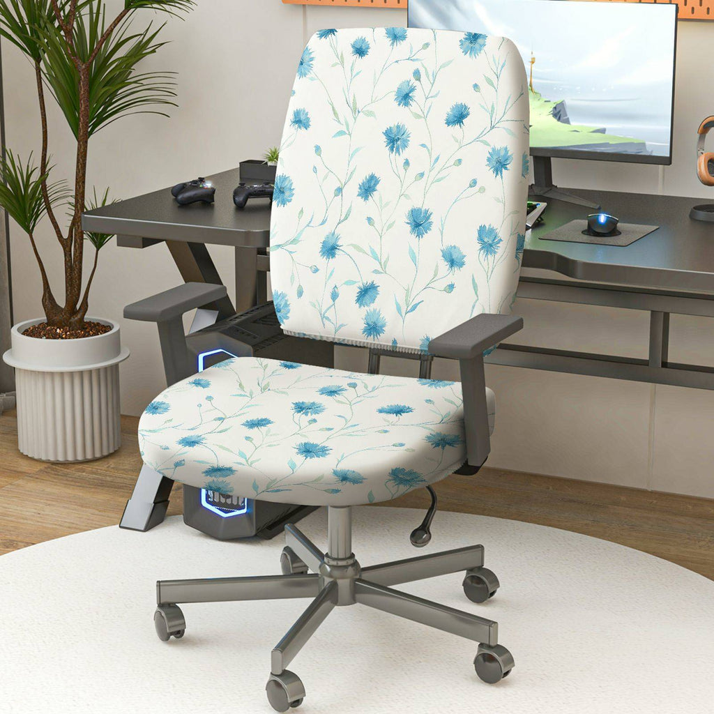 2-Piece Floral Pattern Blue Cornflower  Computer Chair Cover Set, Seat and Backrest