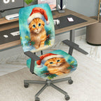 2-Piece Christmas Santa Cat Holly Snow Winter  Computer Chair Cover Set, Seat and Backrest