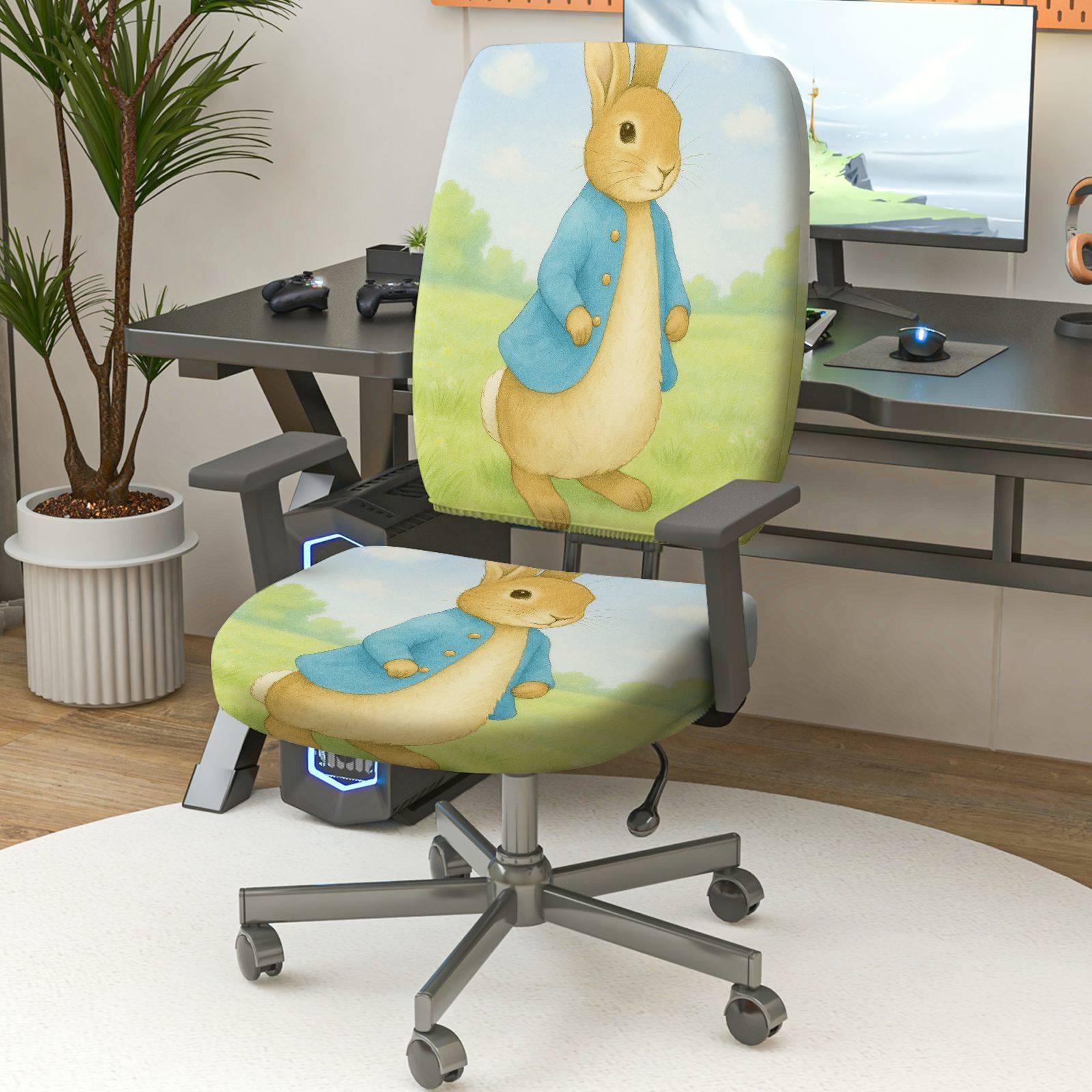 2-Piece Cute Animal Rabbit Blue Green  Computer Chair Cover Set, Seat and Backrest