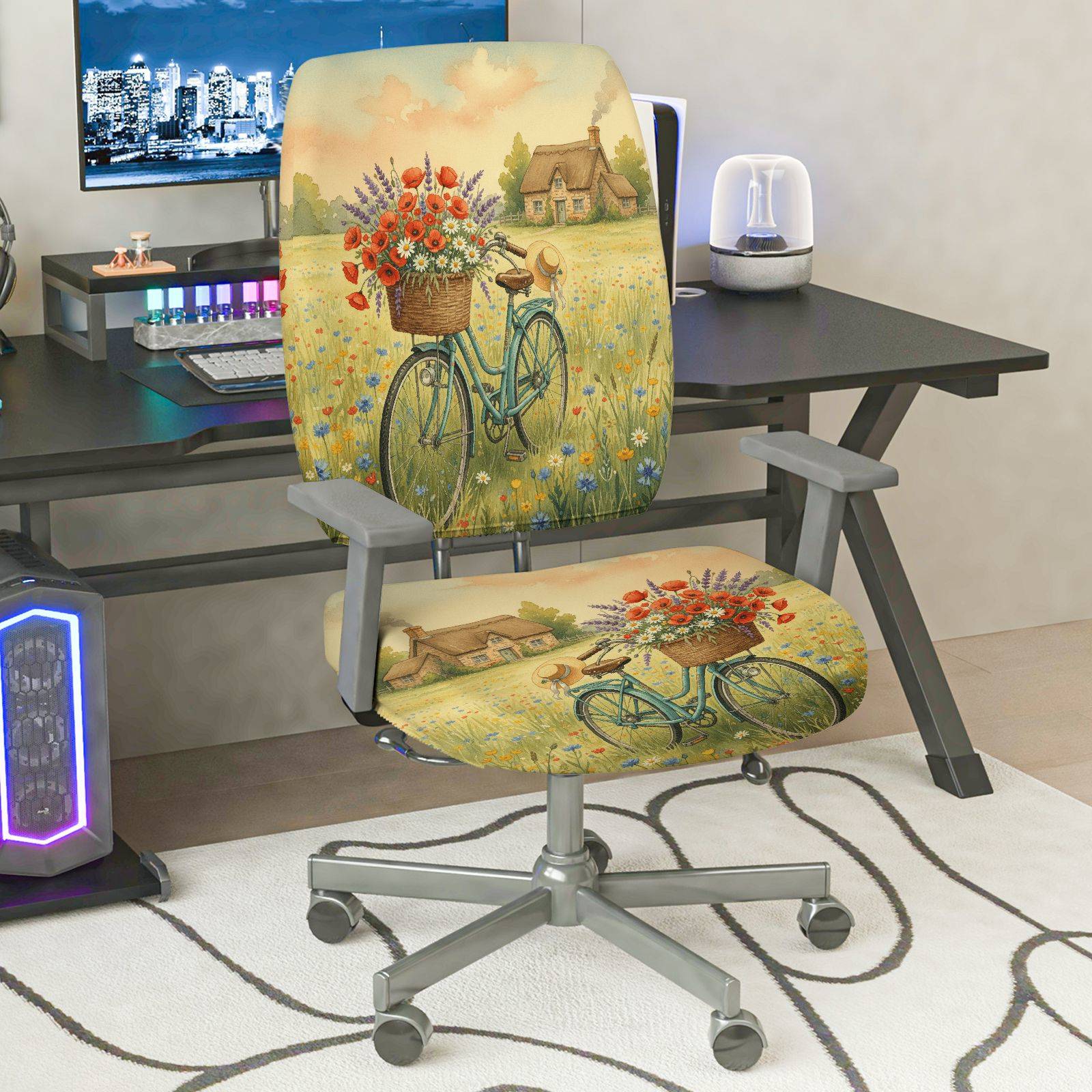 2-Piece Vintage Bicycle Flowers Landscape Country House  Computer Chair Cover Set, Seat and Backrest