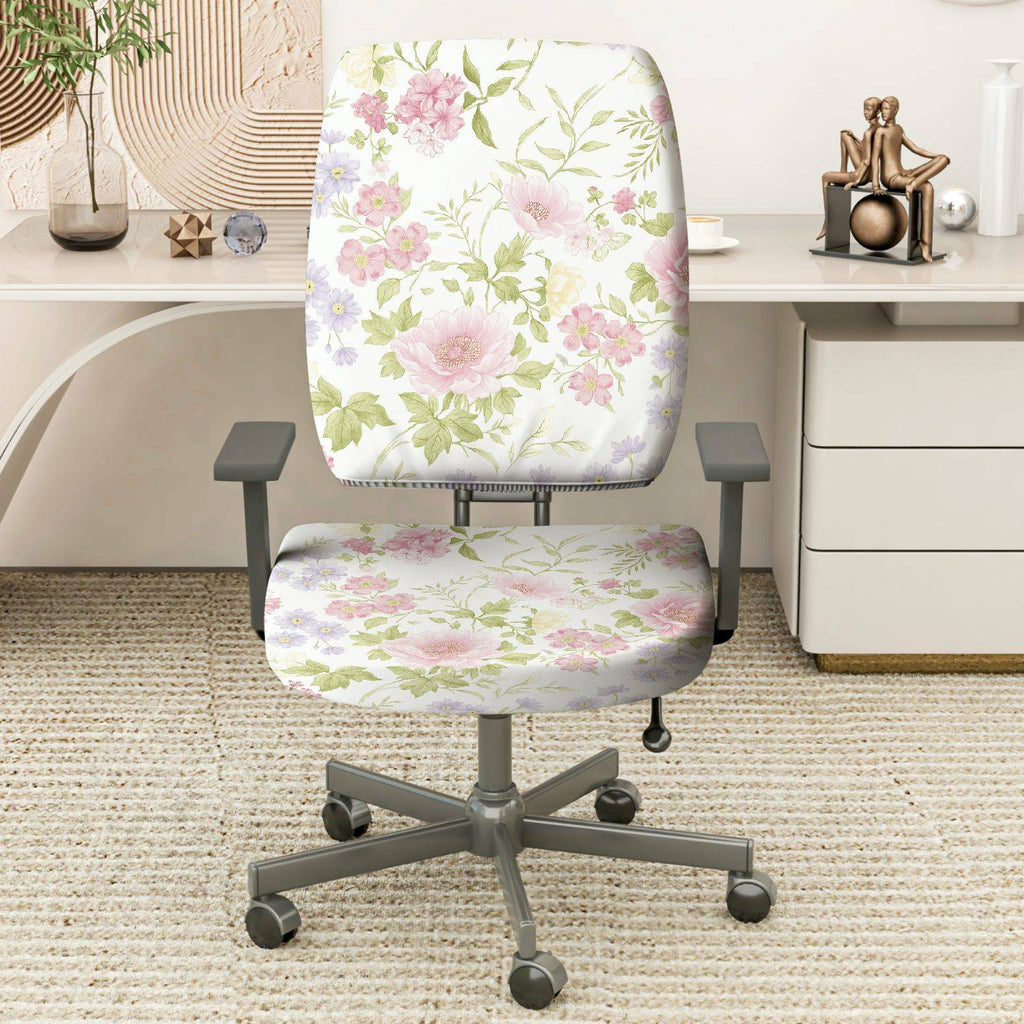 2-Piece Floral Pastel Botanical Spring Garden Nature  Computer Chair Cover Set, Seat and Backrest