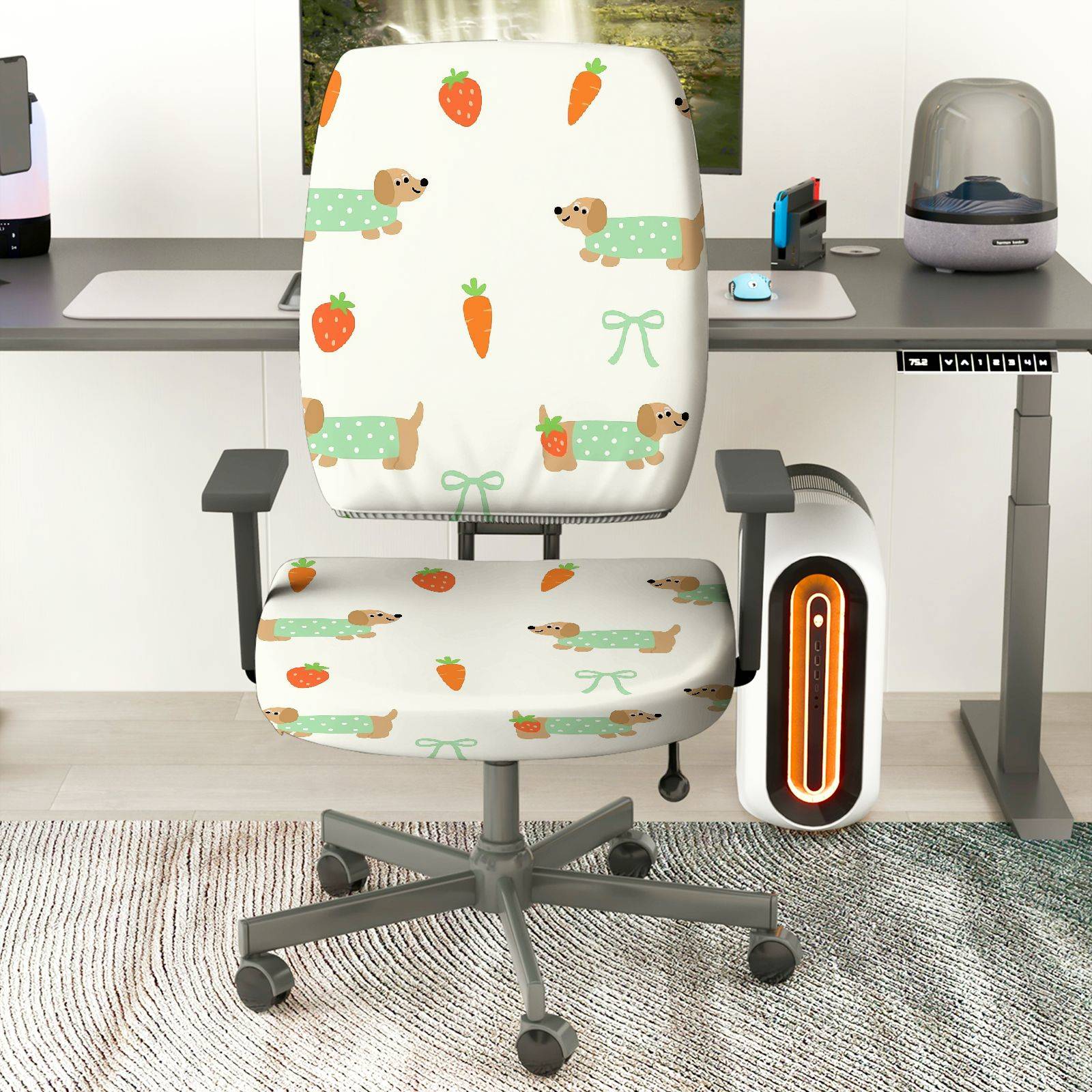 2-Piece Dog Strawberry Carrot Bow  Computer Chair Cover Set, Seat and Backrest