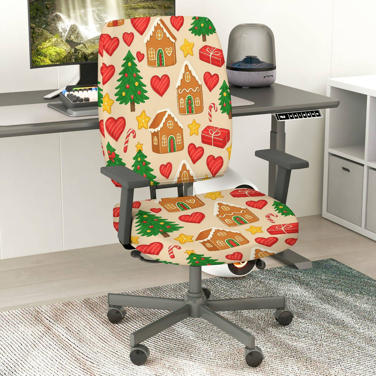 2-Piece Christmas Gingerbread House Candy Cane Tree Holiday  Computer Chair Cover Set, Seat and Backrest