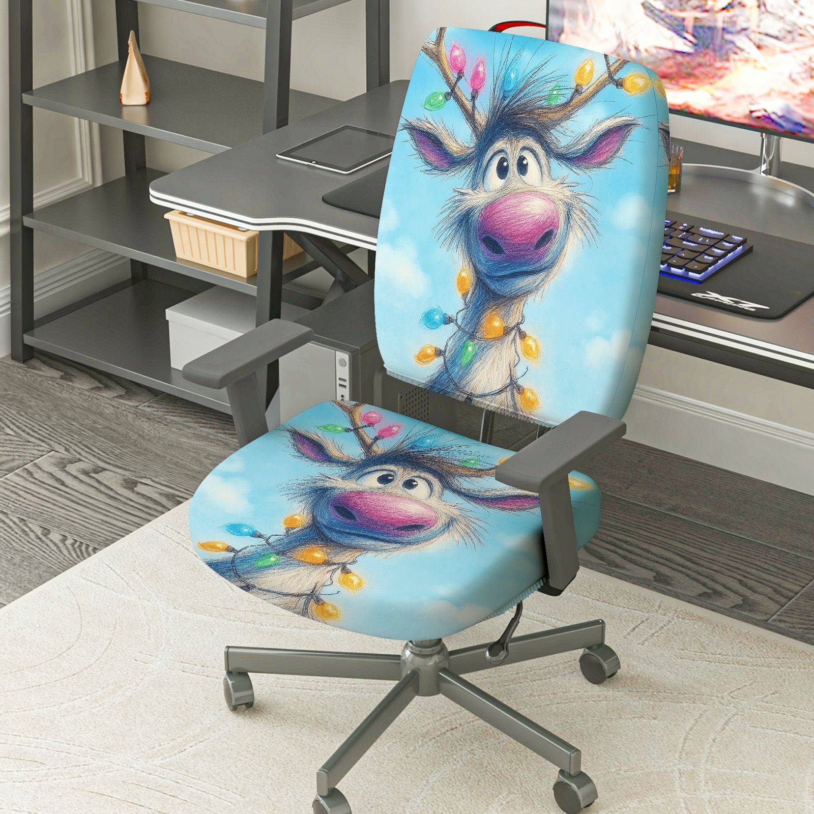 2-Piece Christmas Reindeer Blue Holiday Fun  Computer Chair Cover Set, Seat and Backrest