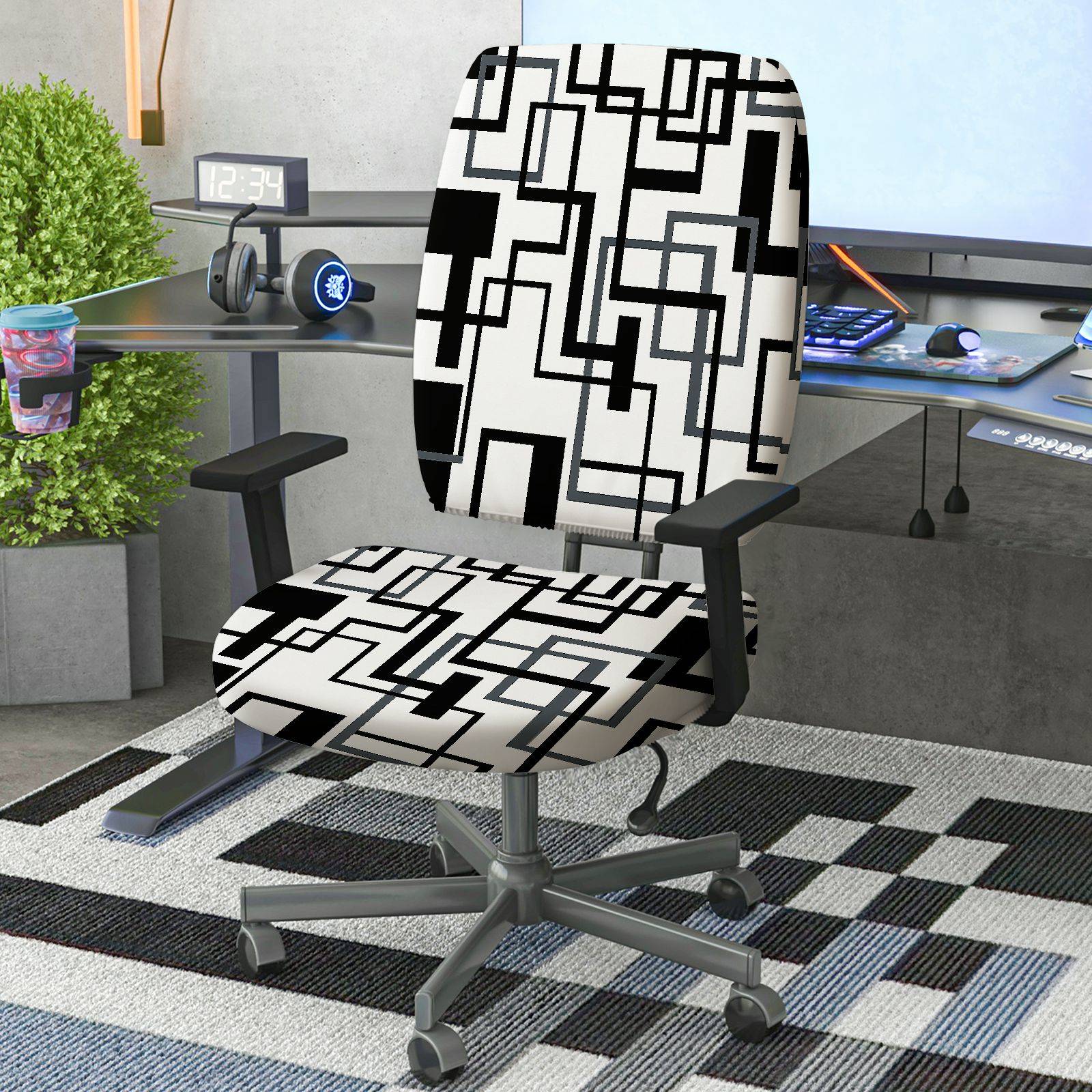 2-Piece Abstract Geometric Art Modern Stylish  Computer Chair Cover Set, Seat and Backrest