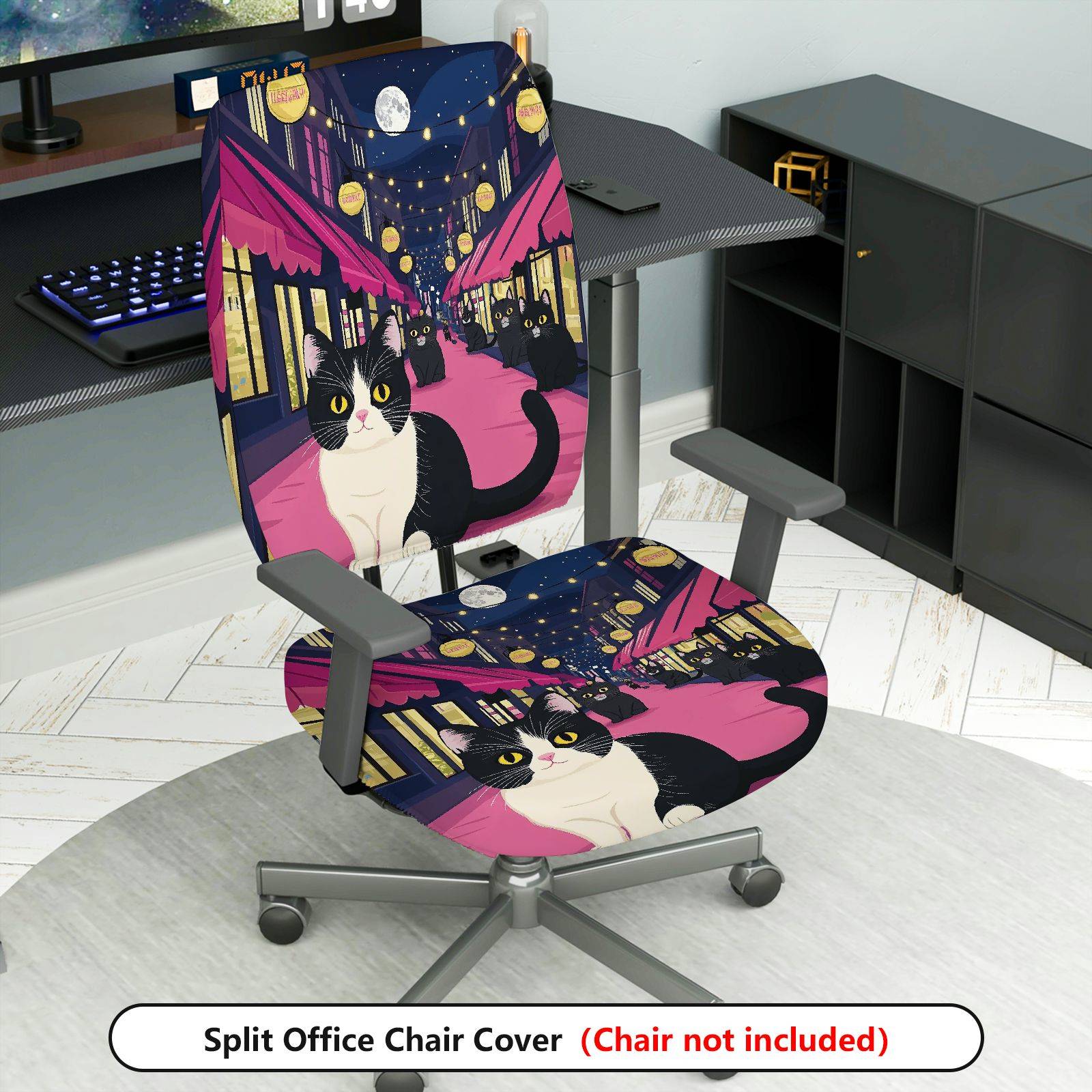 2-Piece Night Street Cat Moonlight Festival Romantic  Computer Chair Cover Set, Seat and Backrest