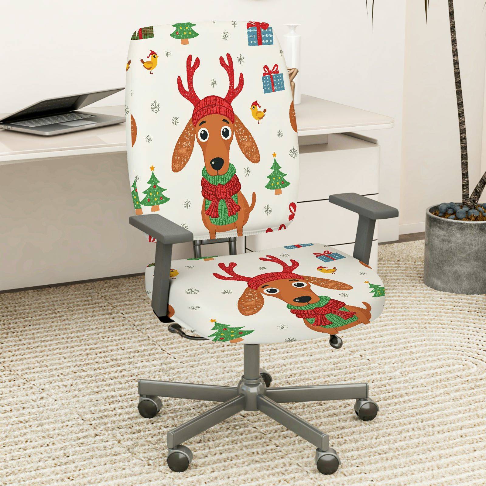 2-Piece Christmas Dog Reindeer Pattern Festive Holiday  Computer Chair Cover Set, Seat and Backrest