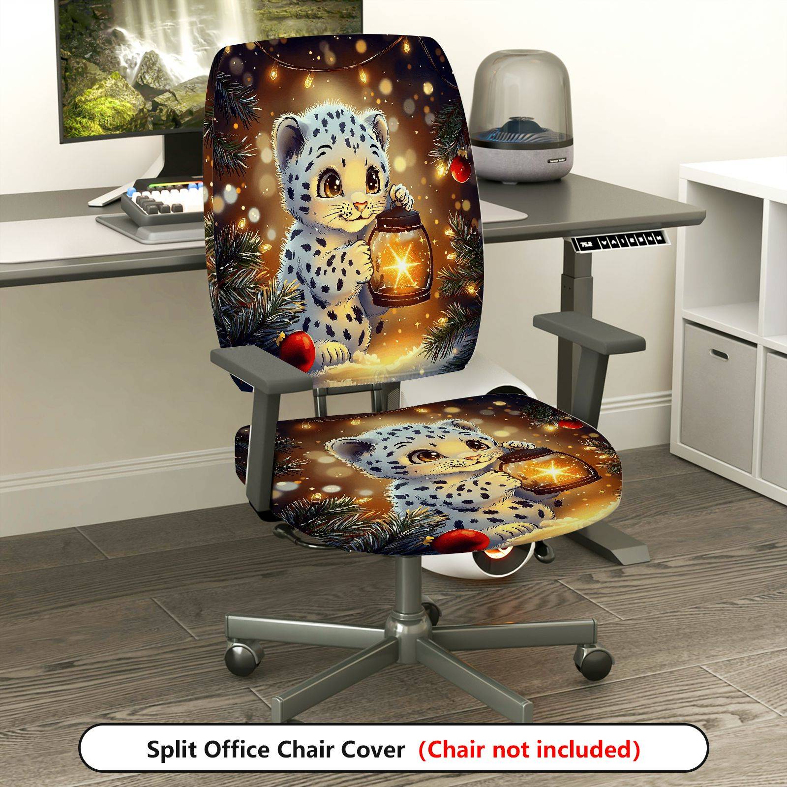 2-Piece Christmas Snowflake Lantern Cute Leopard  Computer Chair Cover Set, Seat and Backrest