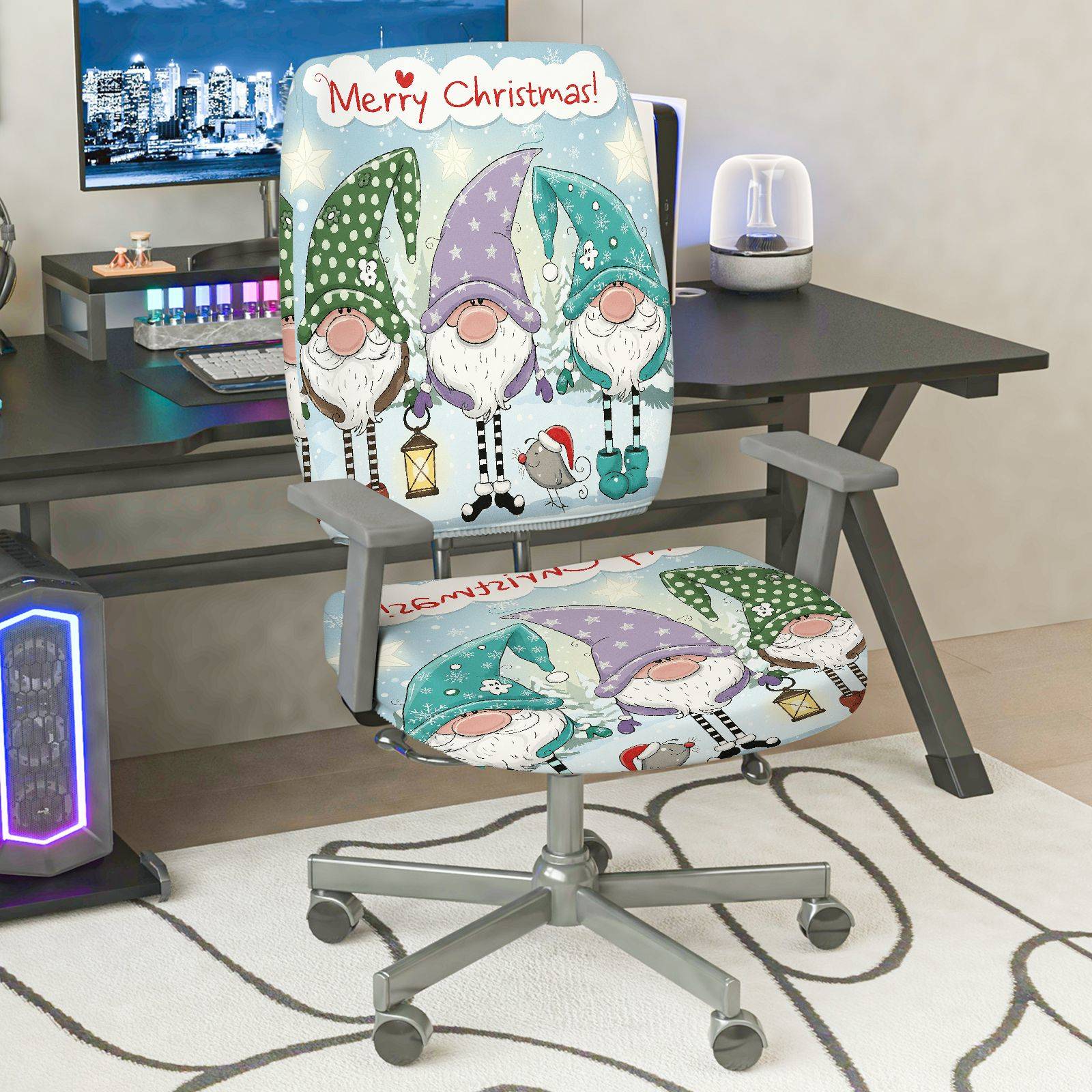 2-Piece Christmas Gnomes Snowflakes Santa Stars Lanterns  Computer Chair Cover Set, Seat and Backrest