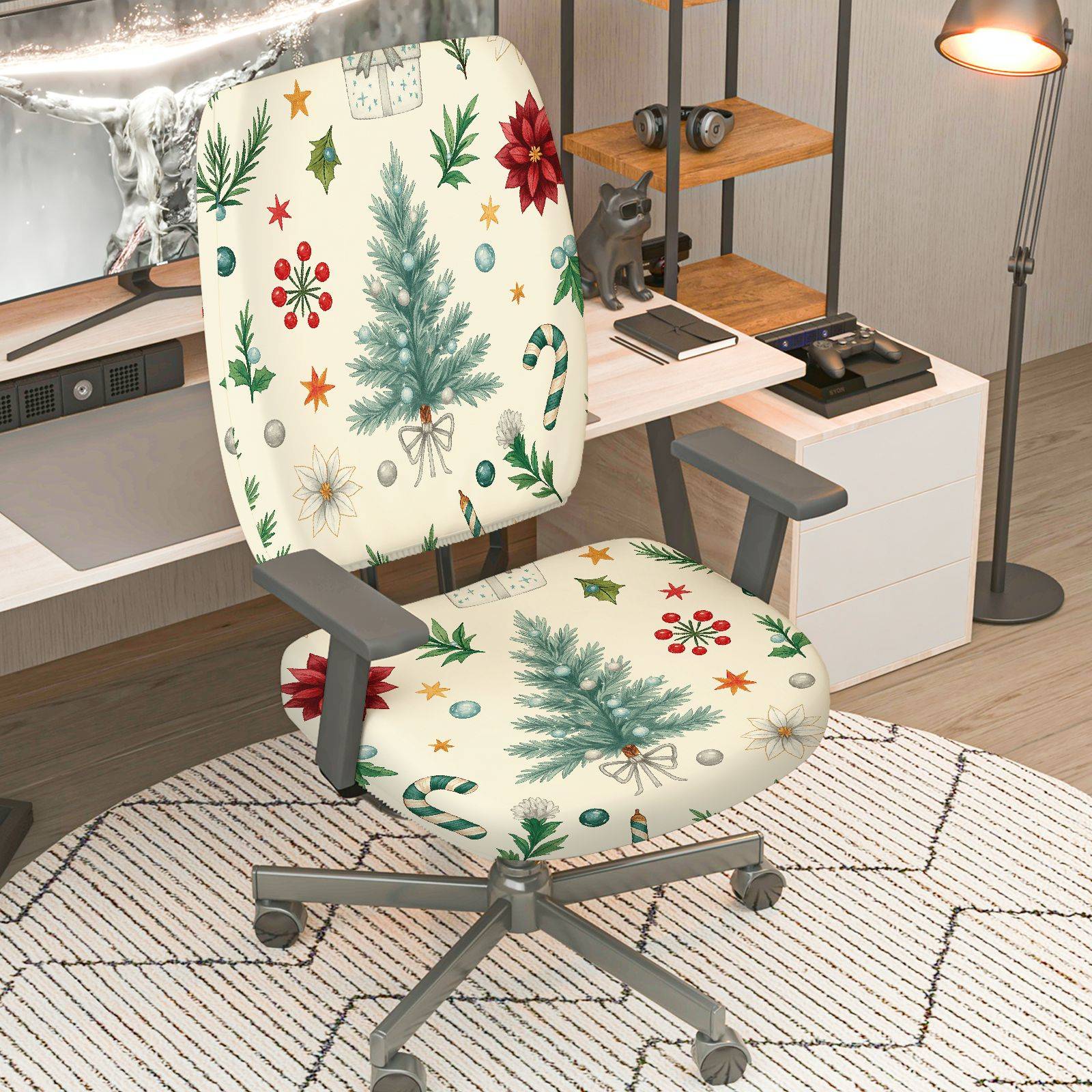 2-Piece Christmas Holiday Festive Winter Pine Snowflake  Computer Chair Cover Set, Seat and Backrest