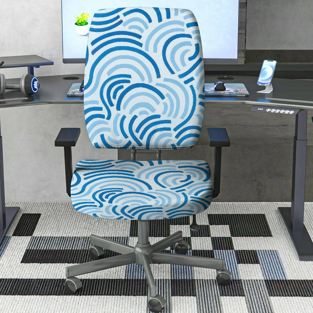 2-Piece Abstract Geometric Blue Wave Pattern  Computer Chair Cover Set, Seat and Backrest