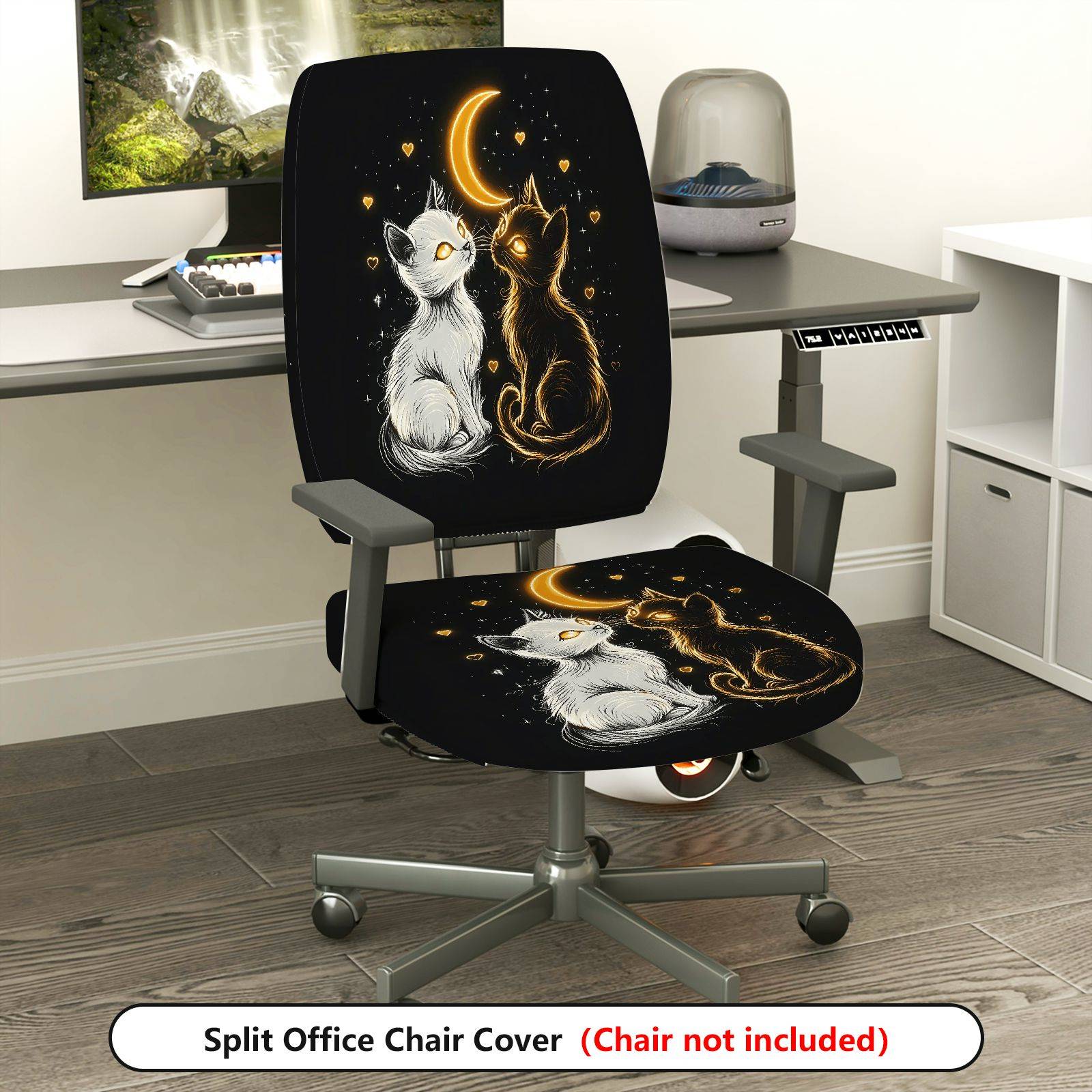 2-Piece Moonlight Cat Lovers Stars Hearts Cosmic  Computer Chair Cover Set, Seat and Backrest
