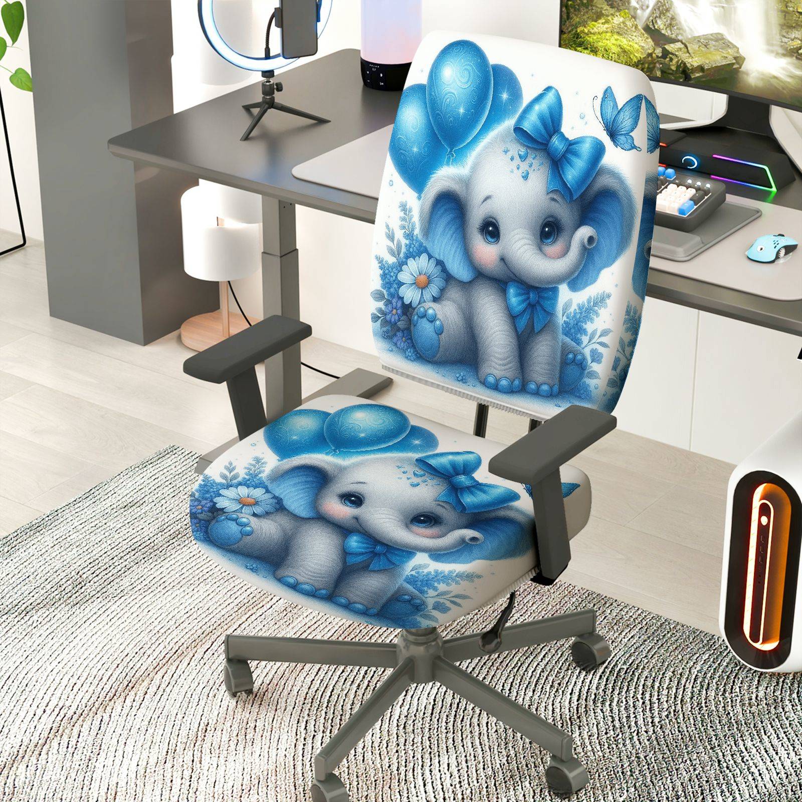 2-Piece Cute Elephant Blue Flowers Butterfly Balloons  Computer Chair Cover Set, Seat and Backrest
