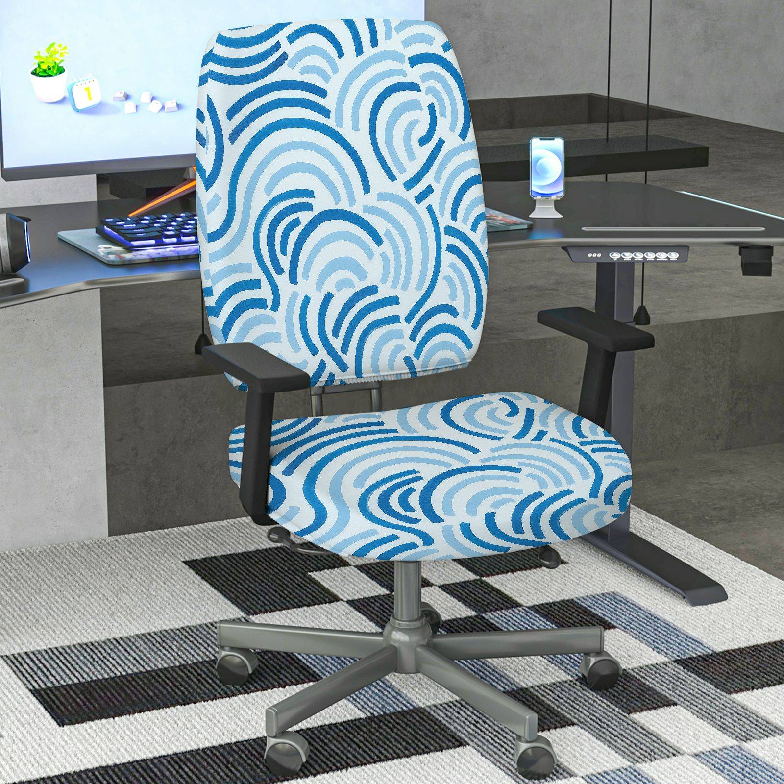 2-Piece Abstract Geometric Blue Wave Pattern  Computer Chair Cover Set, Seat and Backrest