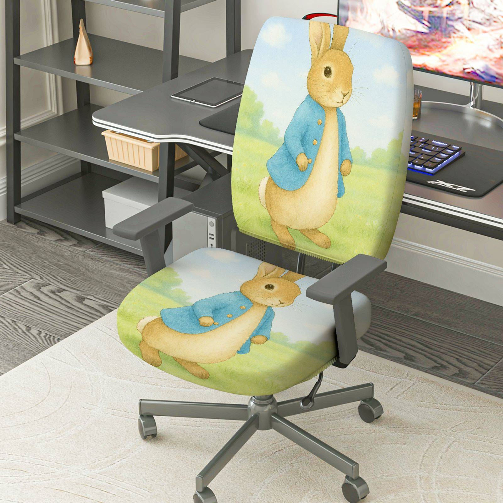 2-Piece Cute Animal Rabbit Blue Green  Computer Chair Cover Set, Seat and Backrest
