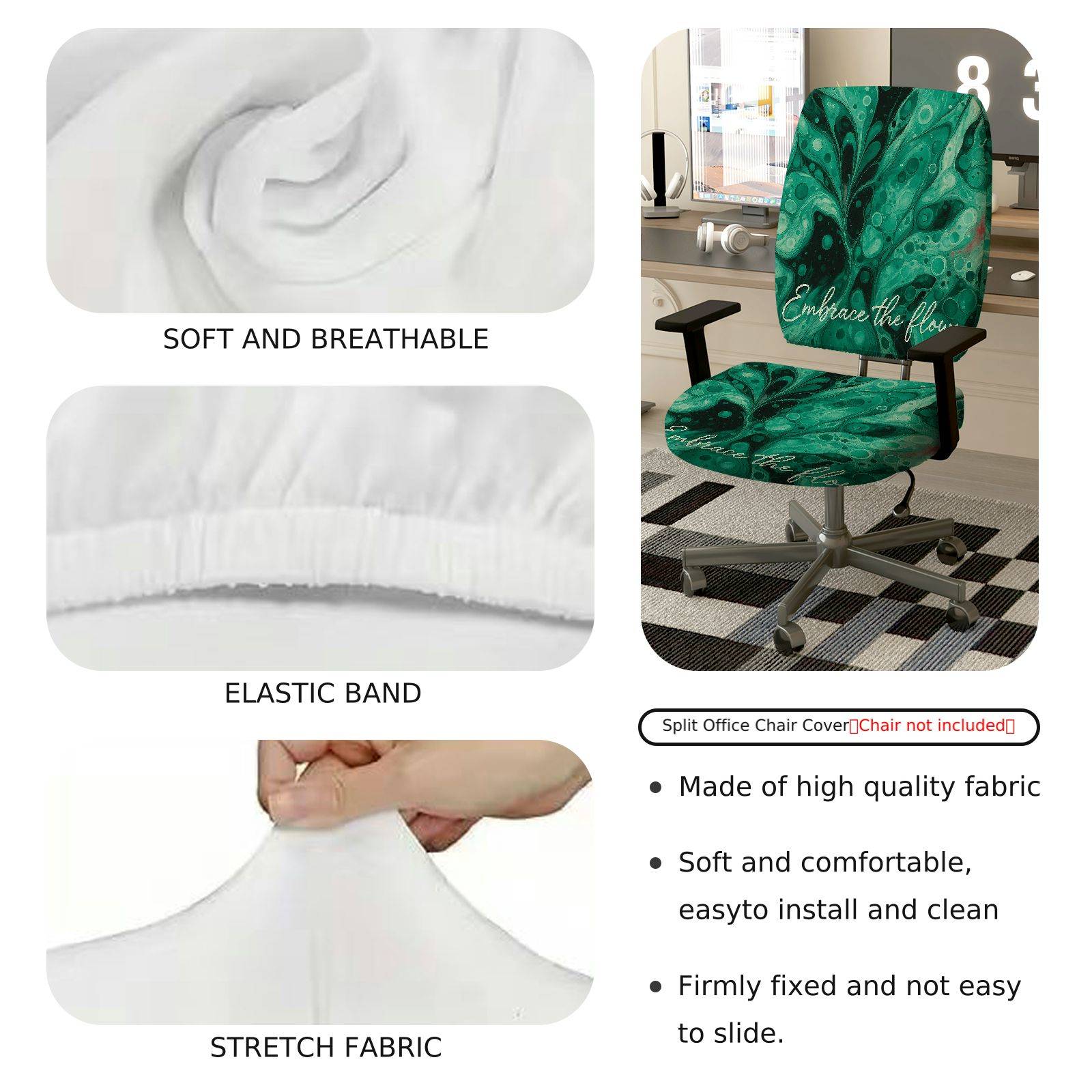 2-Piece Abstract Deep Green Artistic Inspirational Modern  Computer Chair Cover Set, Seat and Backrest