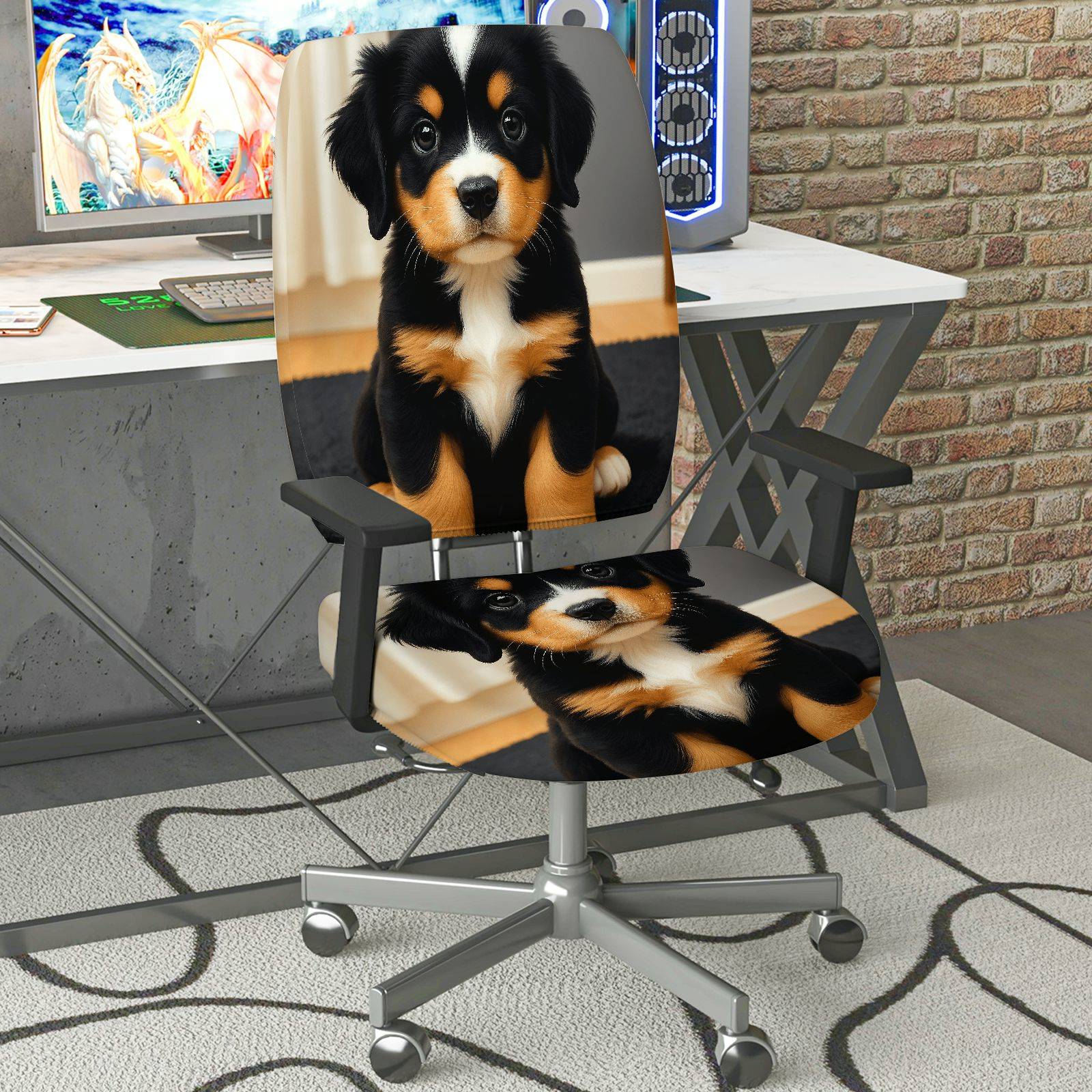 2-Piece Adorable Puppy Animal Design  Computer Chair Cover Set, Seat and Backrest