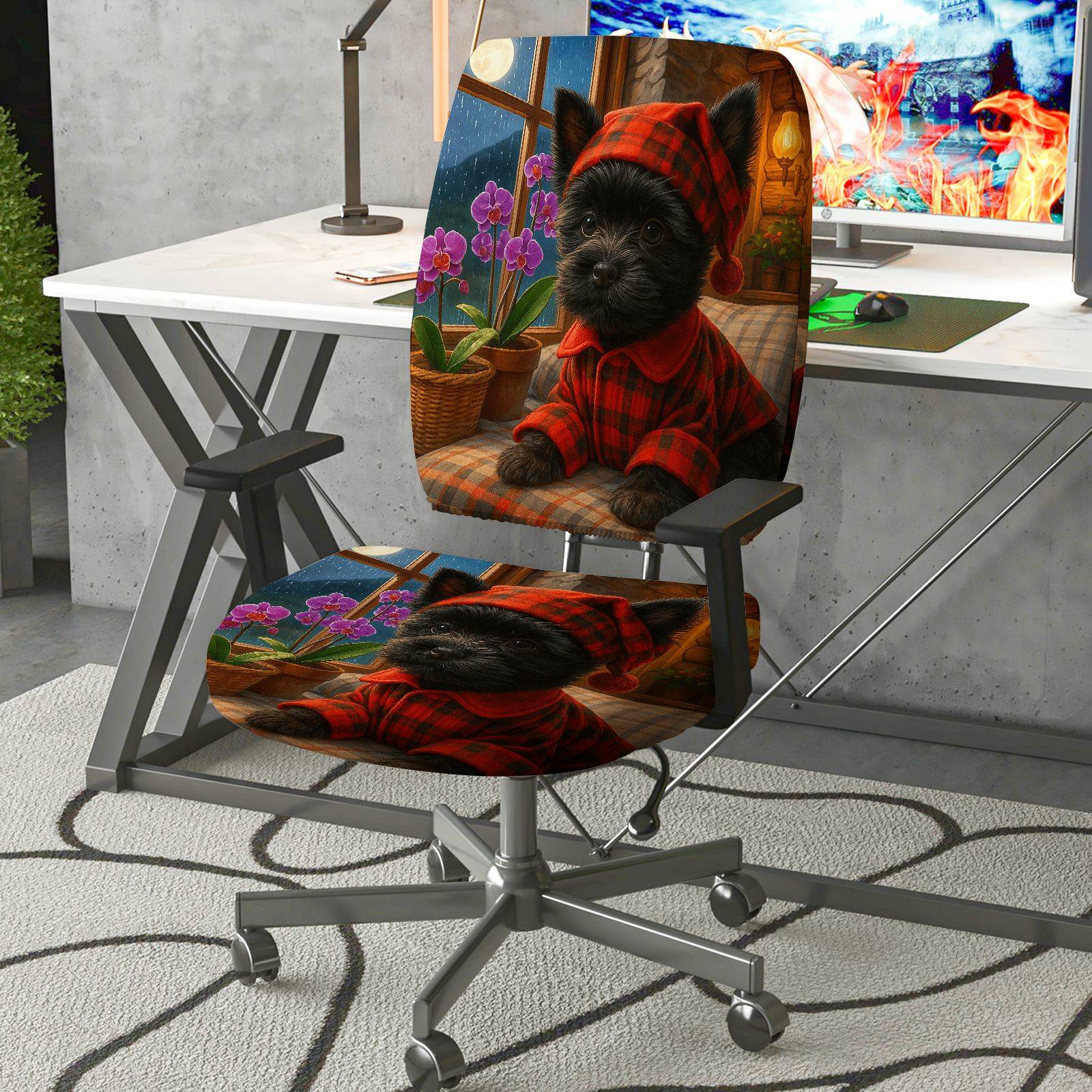 2-Piece Cute Dog Cozy Plaid Nature Winter  Computer Chair Cover Set, Seat and Backrest