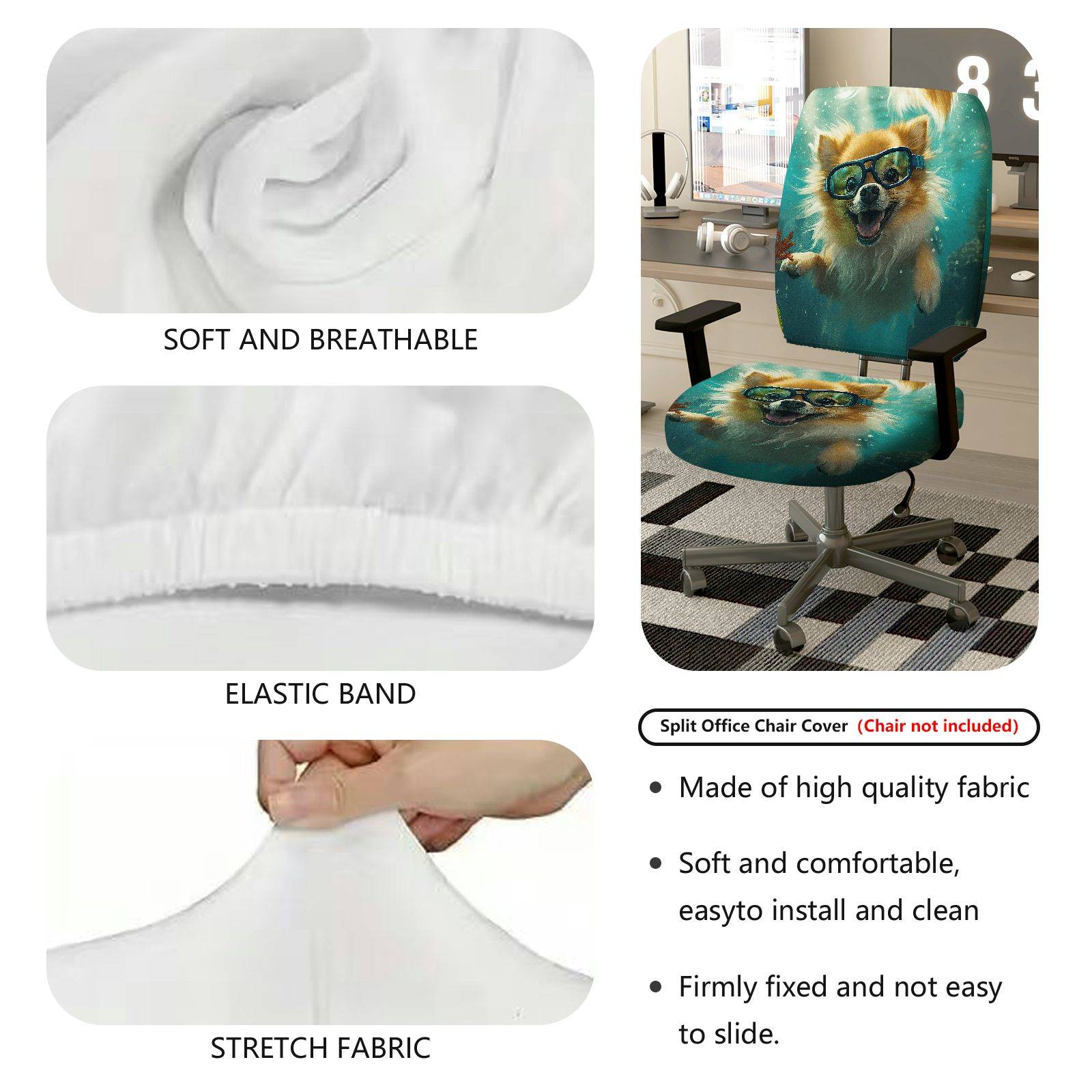 2-Piece Dog Underwater Fun Art Cute  Computer Chair Cover Set, Seat and Backrest