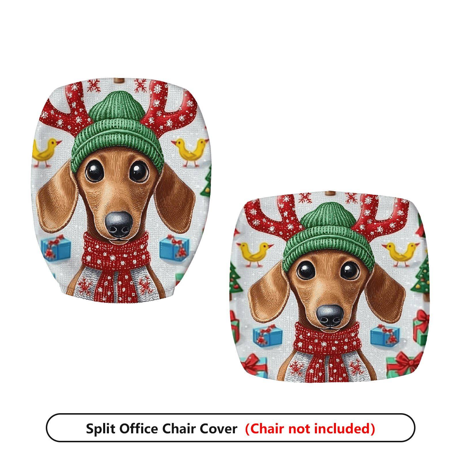 2-Piece Christmas Reindeer Dog Green Hat Festive Gift  Computer Chair Cover Set, Seat and Backrest