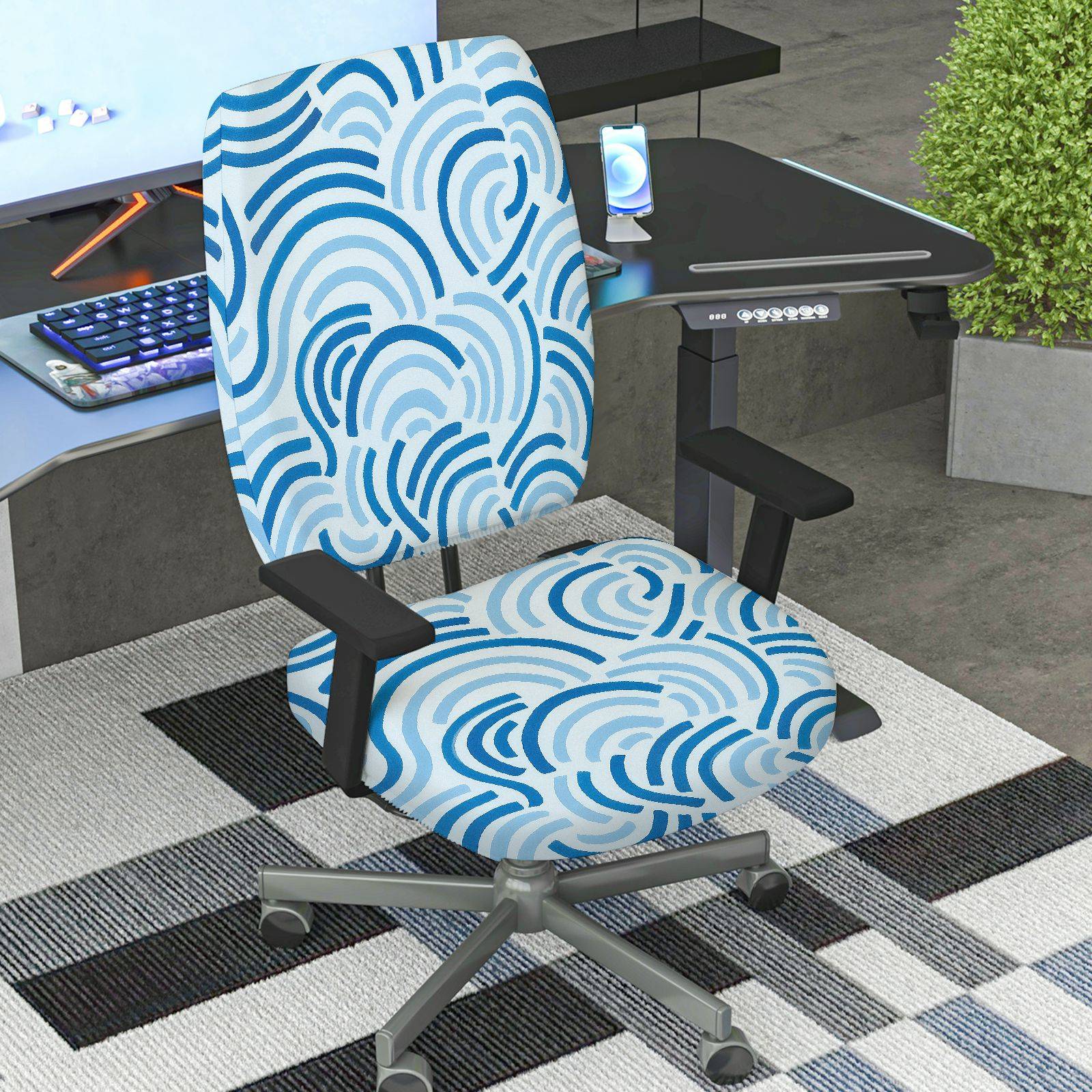 2-Piece Abstract Geometric Blue Wave Pattern  Computer Chair Cover Set, Seat and Backrest