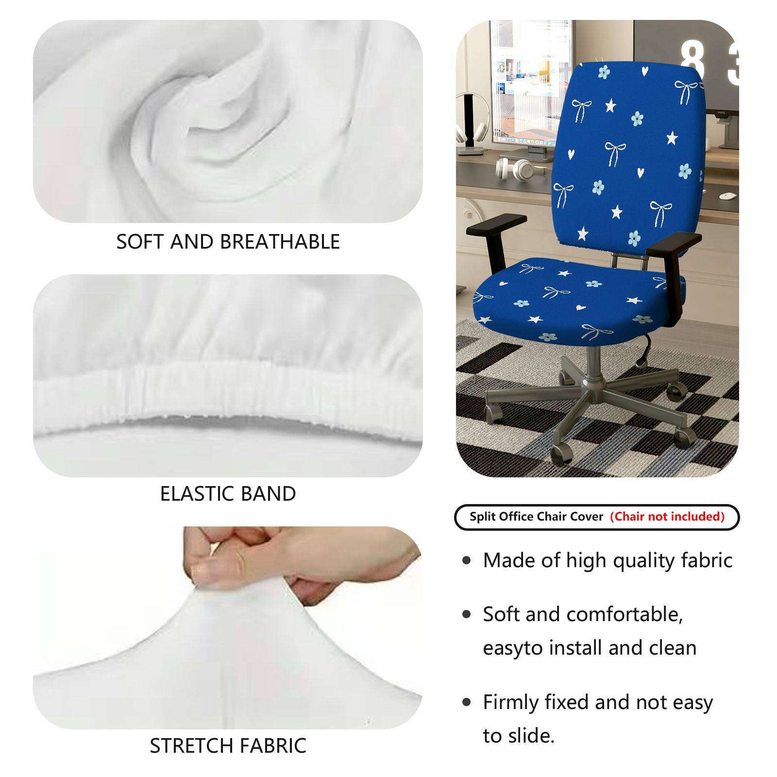 2-Piece Blue Star Heart Bow Flower  Computer Chair Cover Set, Seat and Backrest