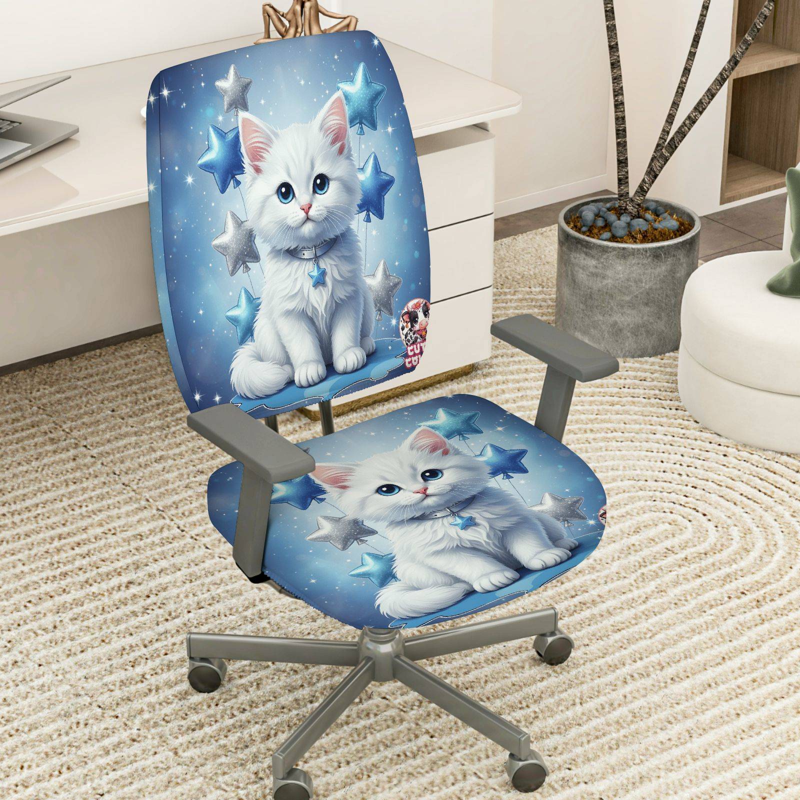 2-Piece Cute Cat Starry Blue Fantasy  Computer Chair Cover Set, Seat and Backrest