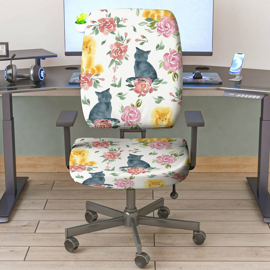 2-Piece Floral Cat Pattern Colorful Cute  Computer Chair Cover Set, Seat and Backrest