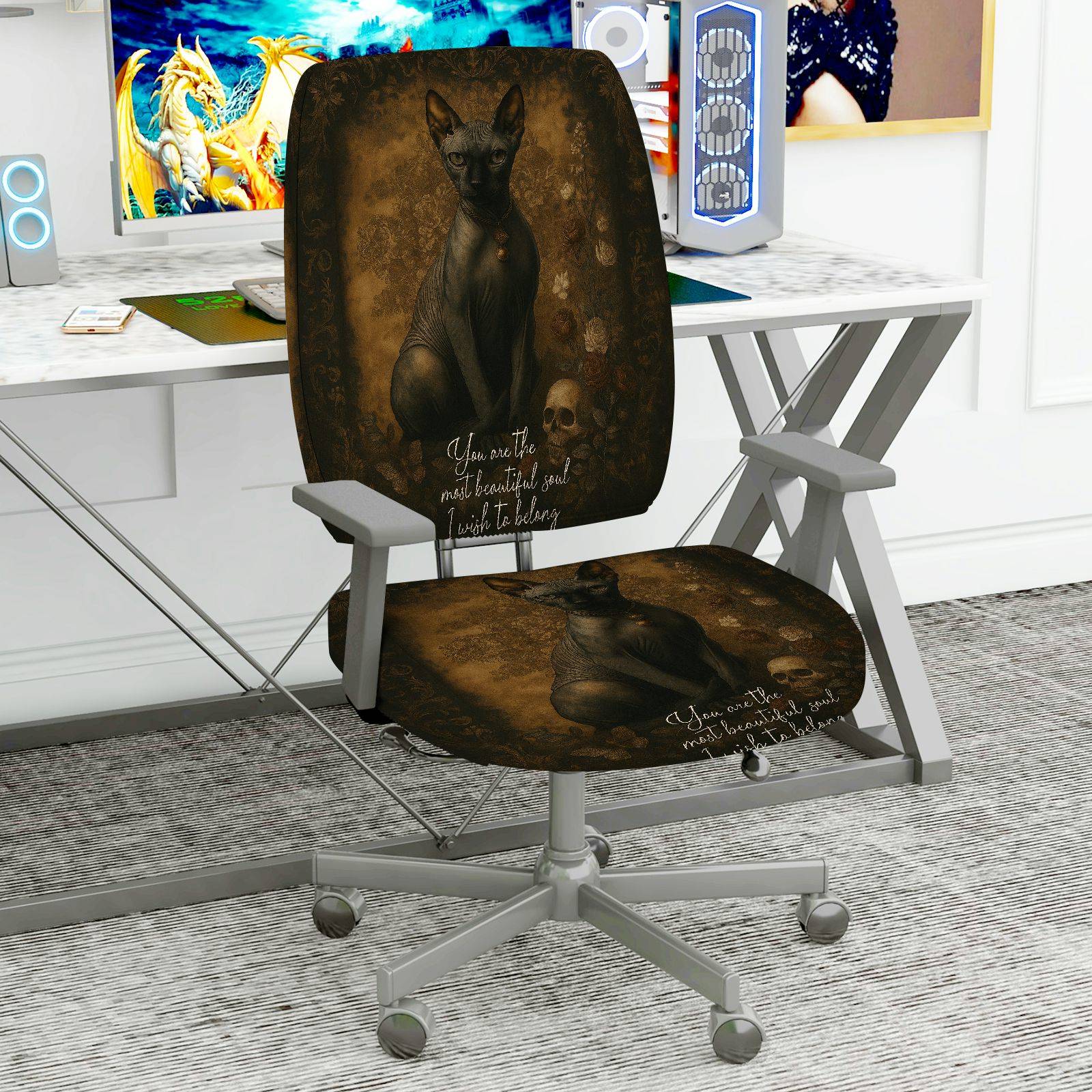 2-Piece Mysterious Gothic Skull Dog Inspiring Words Artistic  Computer Chair Cover Set, Seat and Backrest