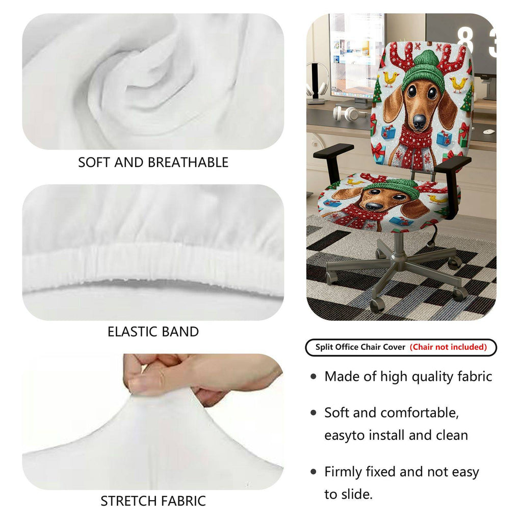 2-Piece Christmas Reindeer Dog Green Hat Festive Gift  Computer Chair Cover Set, Seat and Backrest