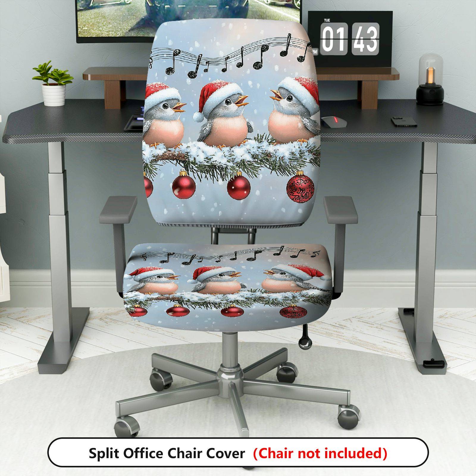 2-Piece Christmas Bird Music Snow Holiday  Computer Chair Cover Set, Seat and Backrest