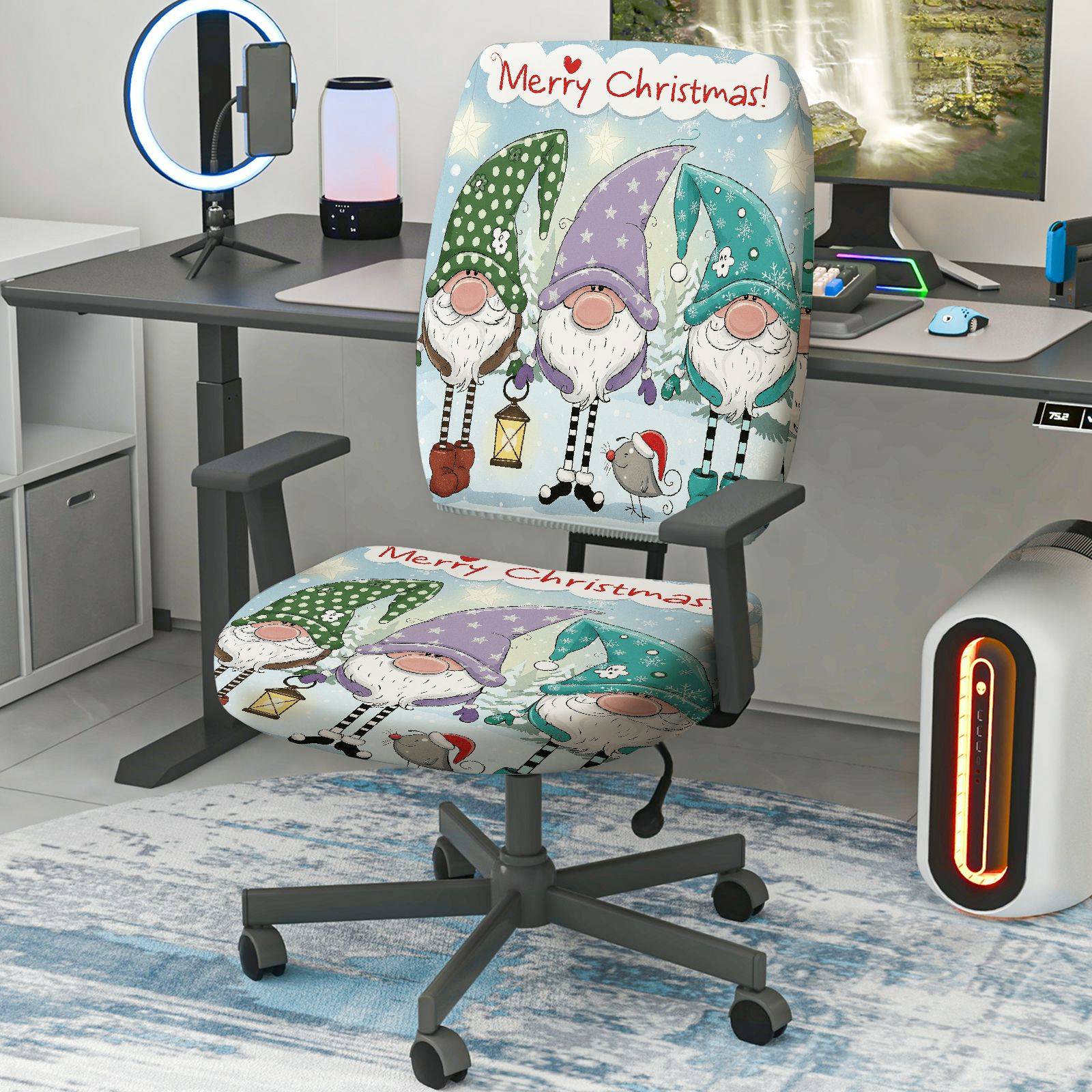 2-Piece Christmas Gnomes Snowflakes Santa Stars Lanterns  Computer Chair Cover Set, Seat and Backrest